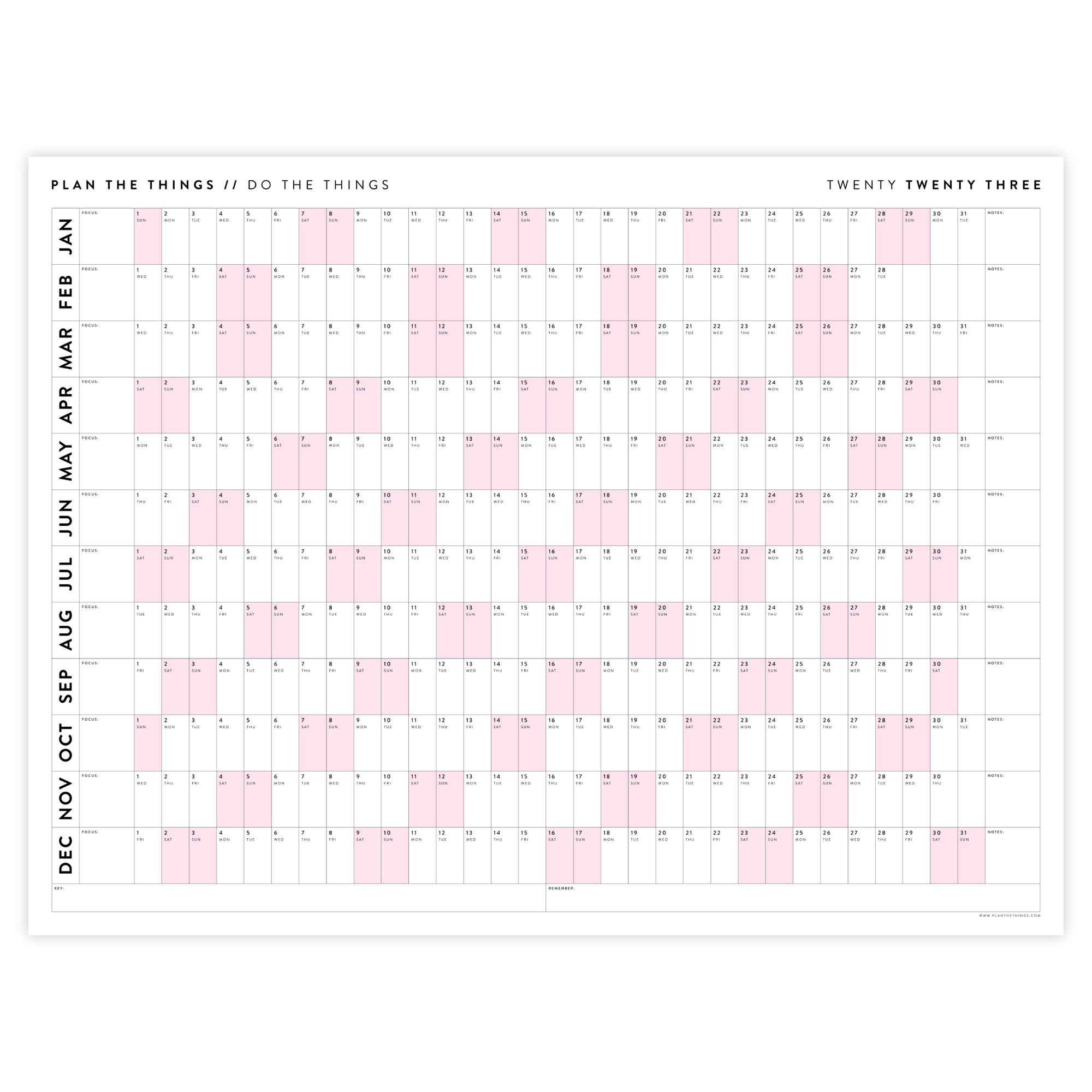 PRINTABLE HORIZONTAL 2023 WALL CALENDAR WITH PINK WEEKENDS - INSTANT DOWNLOAD