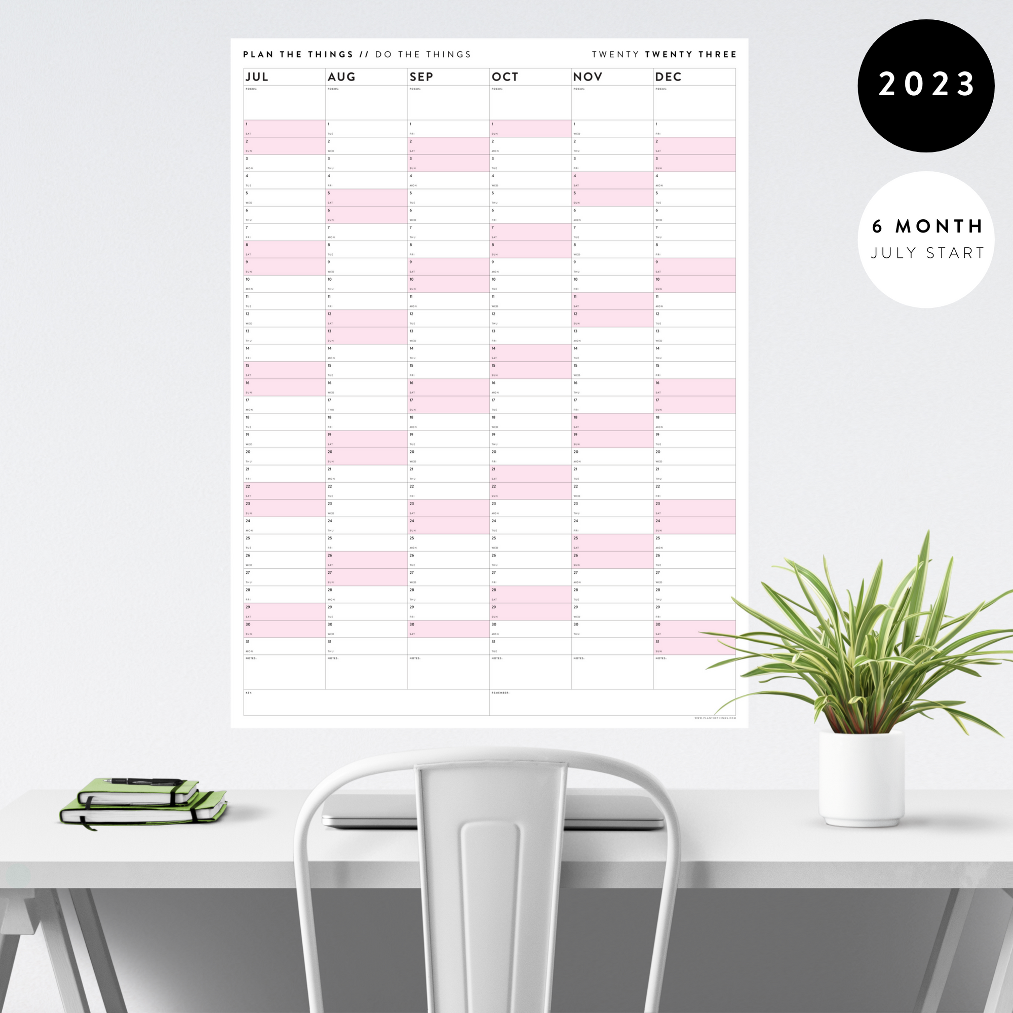 SIX MONTH 2023 GIANT WALL CALENDAR (JULY TO DECEMBER) WITH PINK WEEKENDS