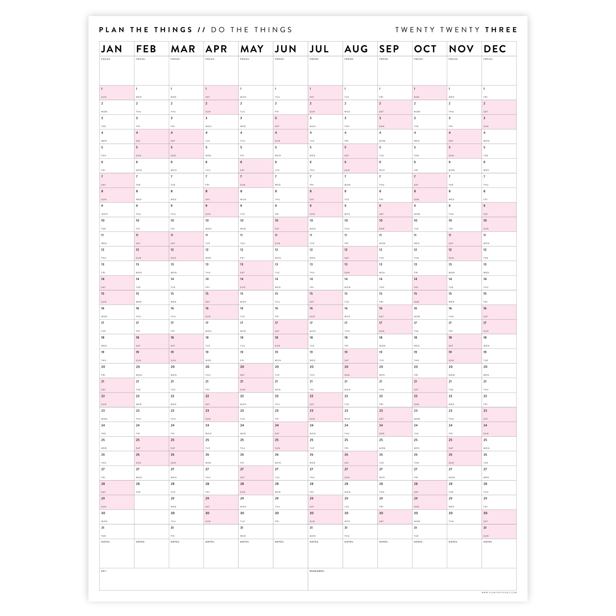 PRINTABLE VERTICAL 2023 WALL CALENDAR WITH PINK WEEKENDS - INSTANT DOWNLOAD