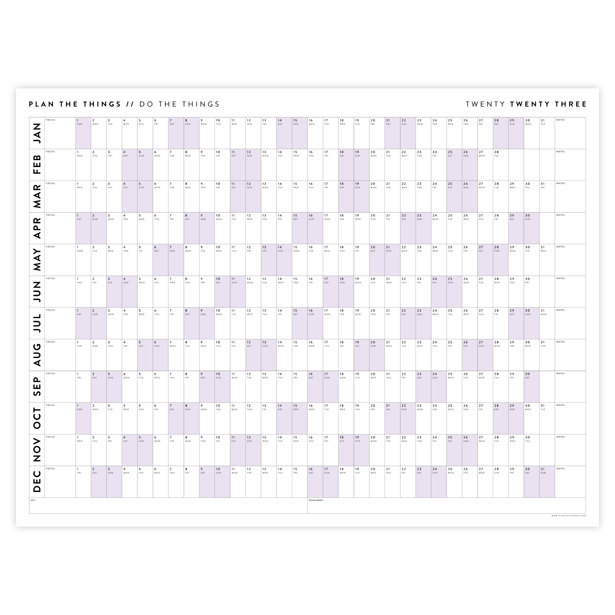 PRINTABLE HORIZONTAL 2023 WALL CALENDAR WITH PURPLE WEEKENDS - INSTANT DOWNLOAD