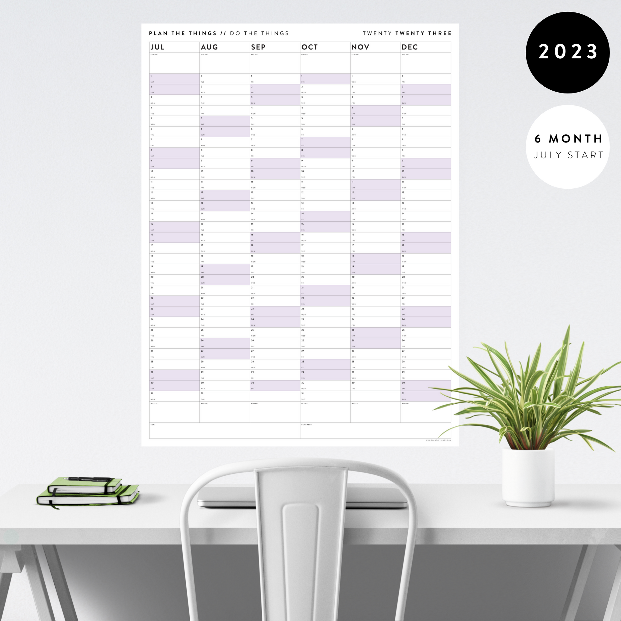 SIX MONTH 2023 GIANT WALL CALENDAR (JULY TO DECEMBER) WITH PURPLE WEEKENDS