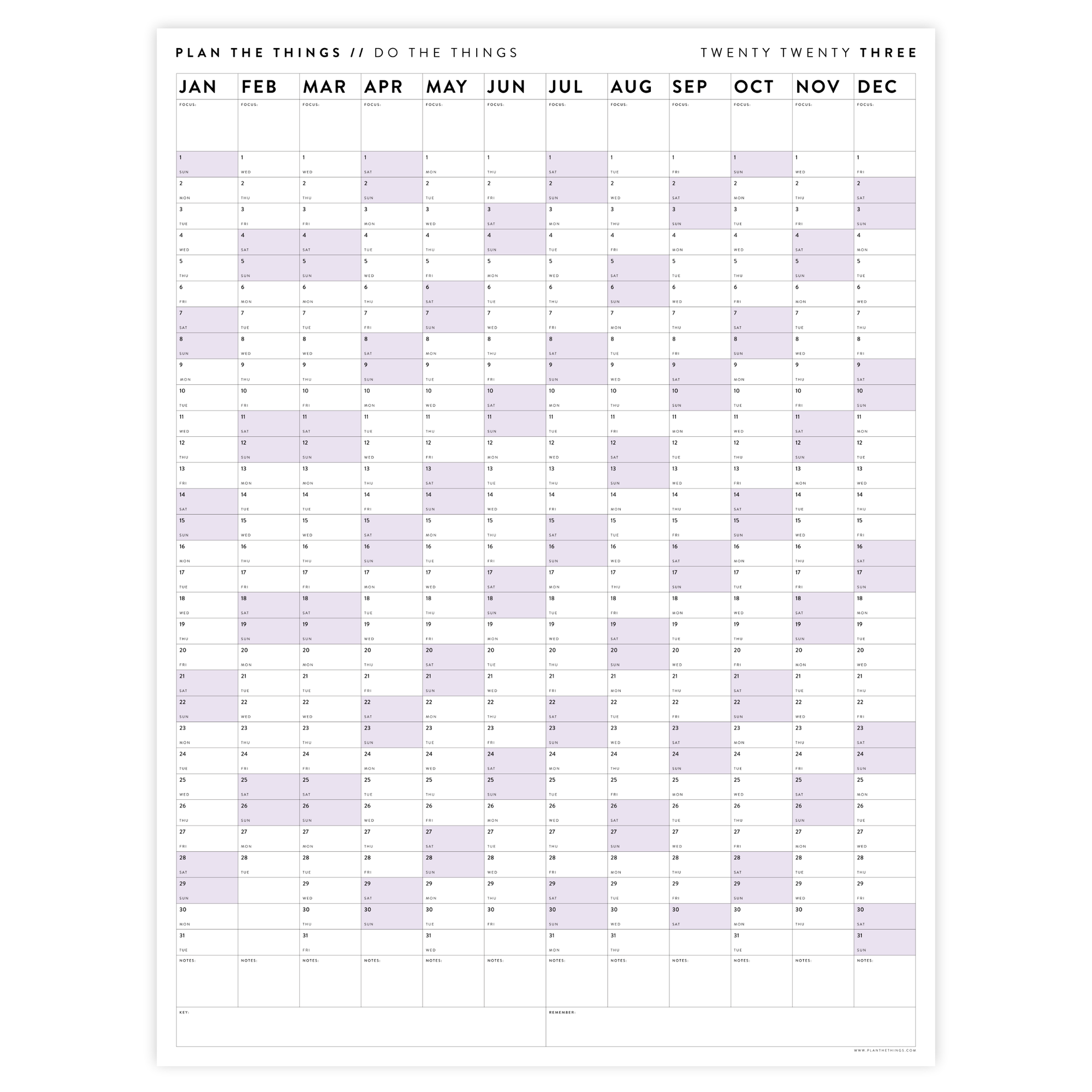 PRINTABLE VERTICAL 2023 WALL CALENDAR WITH PURPLE WEEKENDS - INSTANT DOWNLOAD