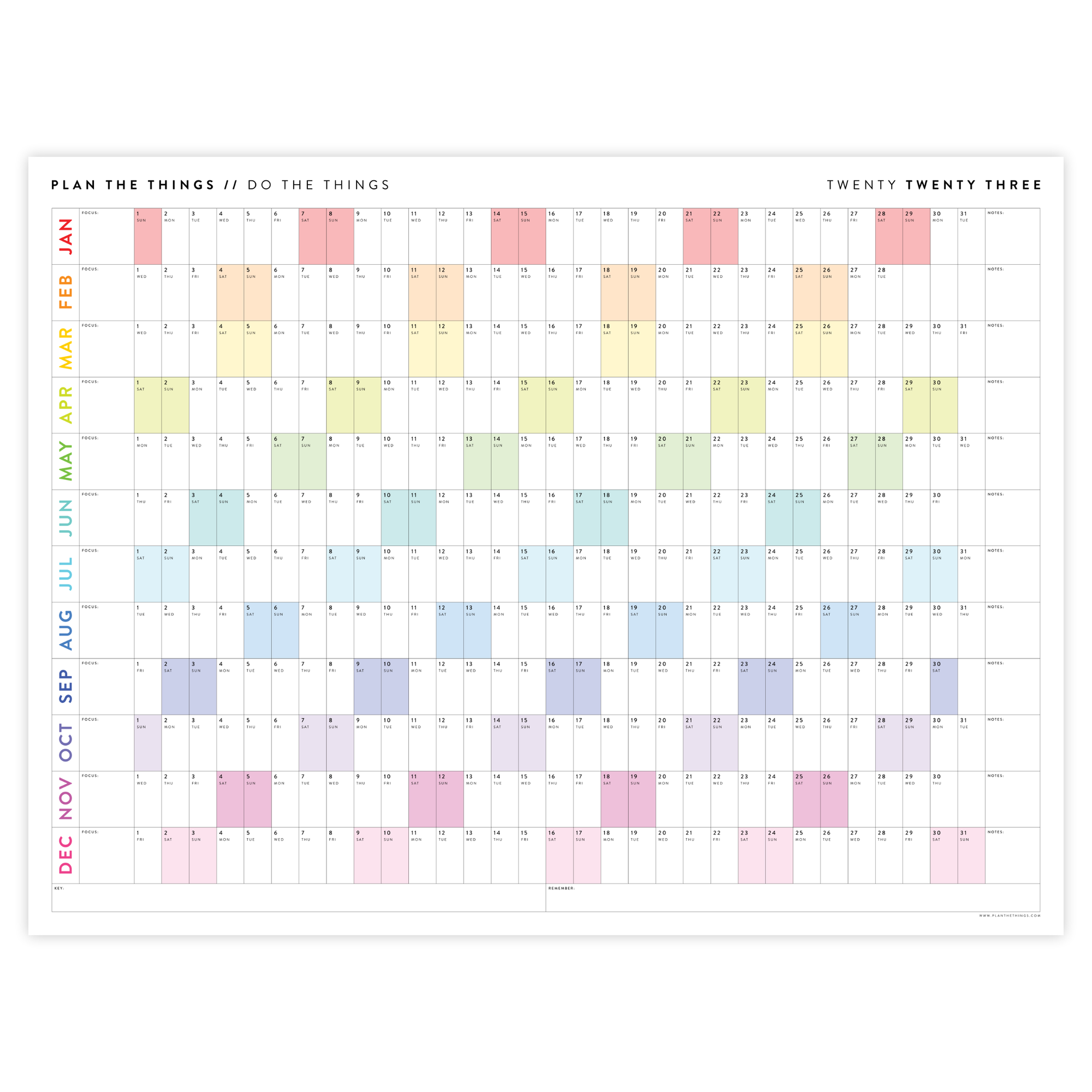 PRINTABLE HORIZONTAL 2023 WALL CALENDAR WITH RAINBOW WEEKENDS - INSTANT DOWNLOAD