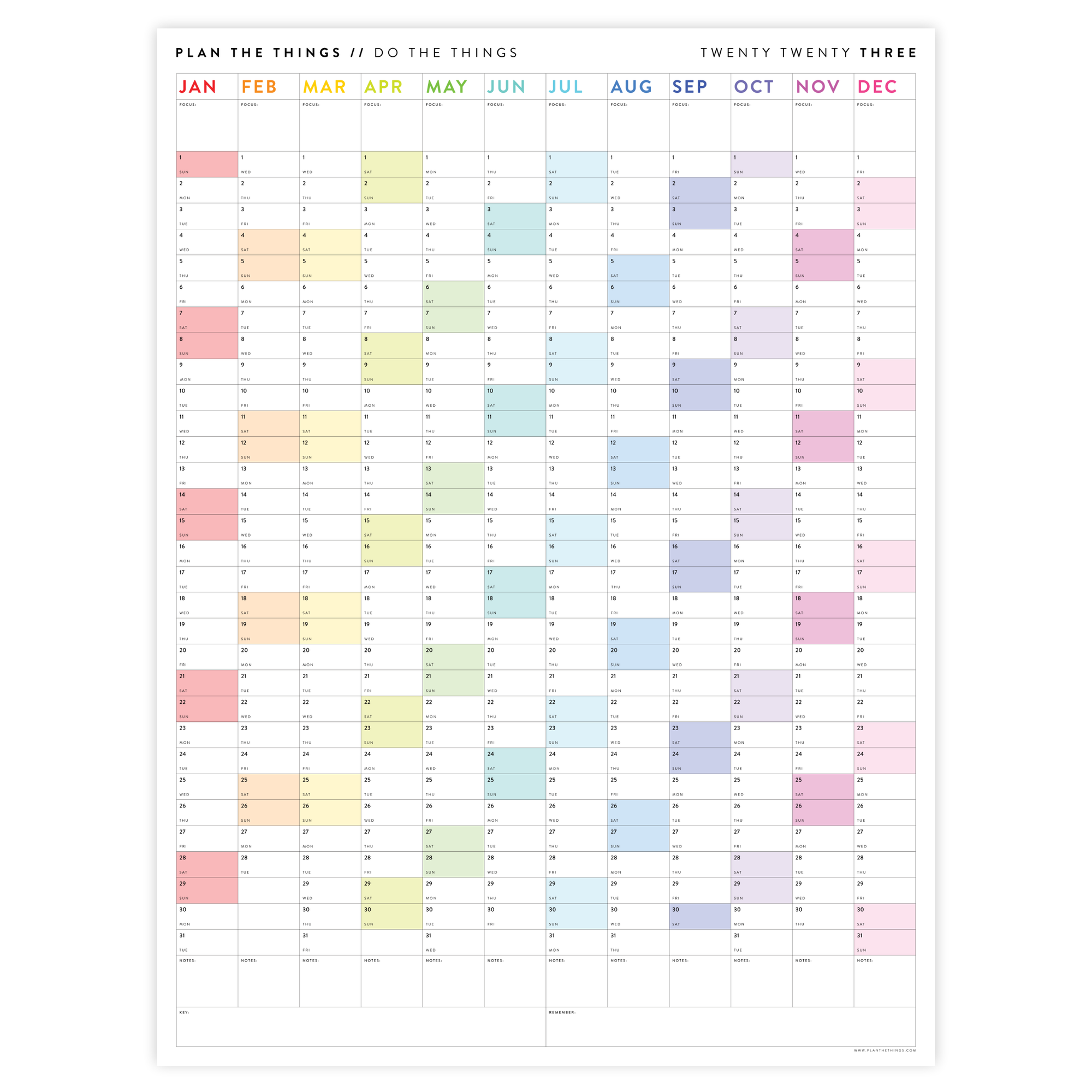 PRINTABLE VERTICAL 2023 WALL CALENDAR WITH RAINBOW WEEKENDS - INSTANT DOWNLOAD