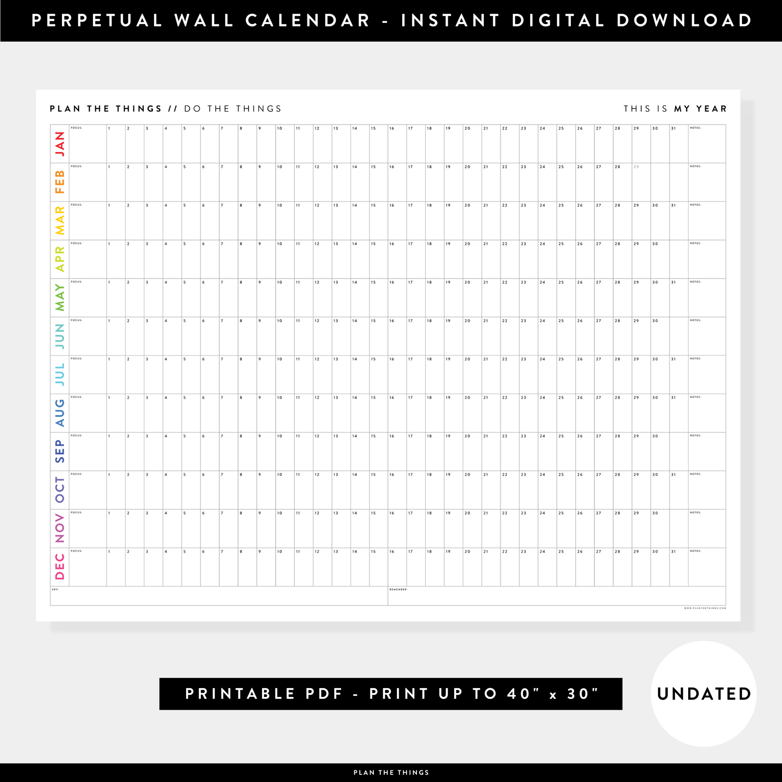 PRINTABLE UNDATED PERPETUAL WALL CALENDAR / BIRTHDAY CALENDAR (HORIZONTAL / RAINBOW) - INSTANT DOWNLOAD