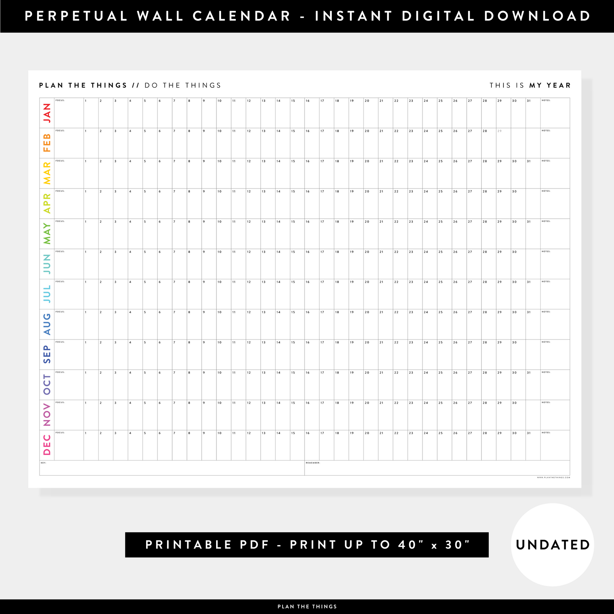 PRINTABLE UNDATED PERPETUAL WALL CALENDAR / BIRTHDAY CALENDAR (HORIZONTAL / RAINBOW) - INSTANT DOWNLOAD
