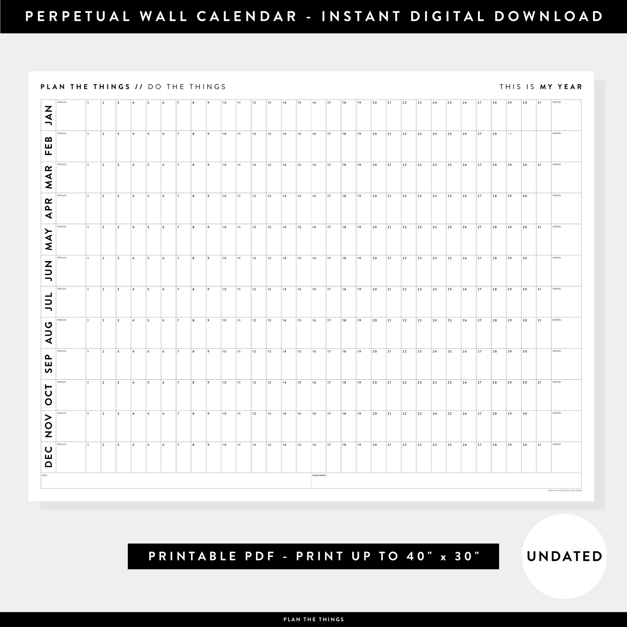 PRINTABLE UNDATED PERPETUAL WALL CALENDAR / BIRTHDAY CALENDAR (HORIZONTAL / B + W) - INSTANT DOWNLOAD
