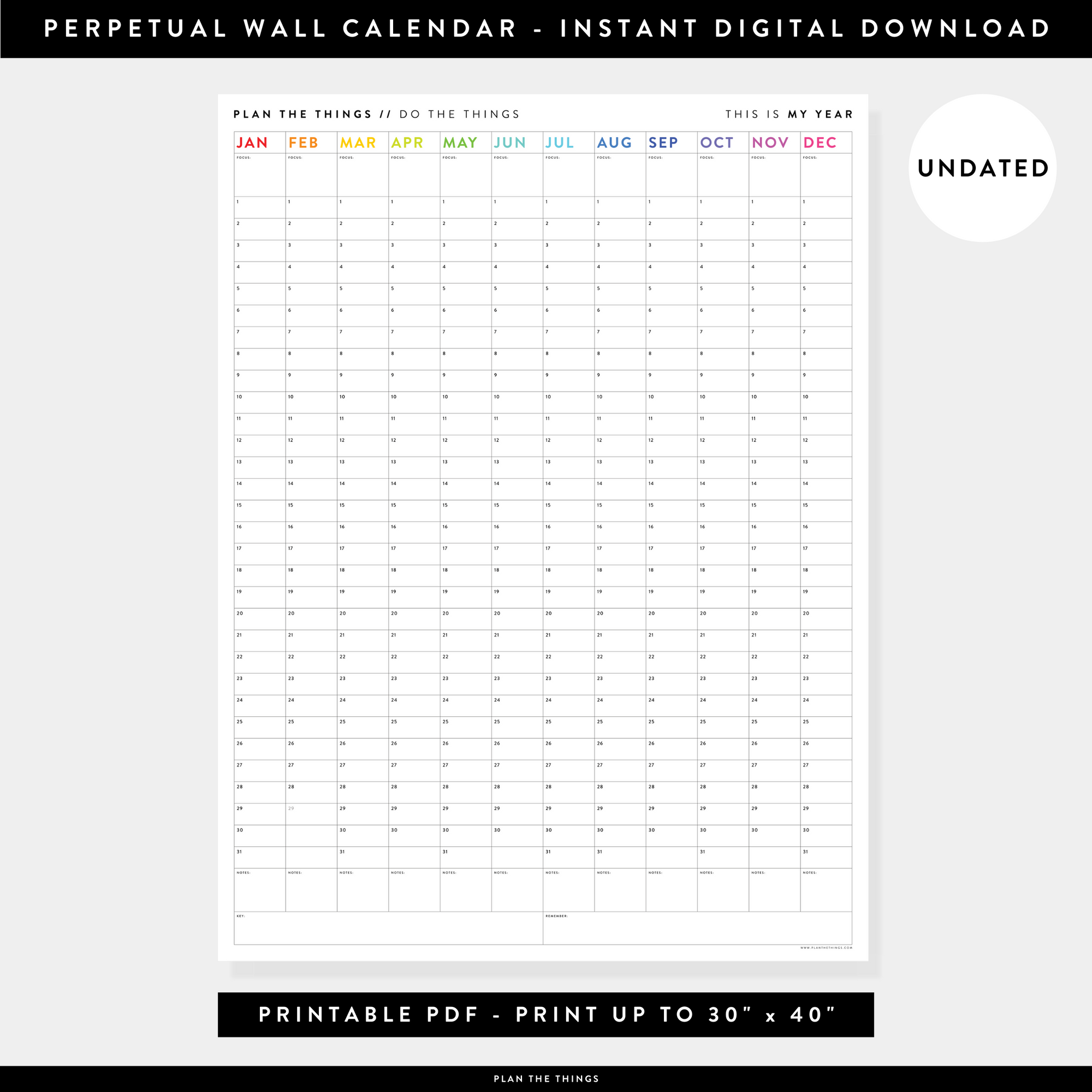 PRINTABLE PERPETUAL WALL CALENDAR / BIRTHDAY CALENDAR (VERTICAL / RAINBOW) - INSTANT DOWNLOAD