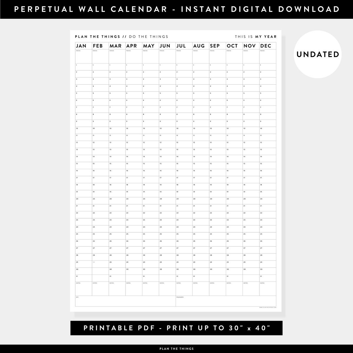 PRINTABLE PERPETUAL WALL CALENDAR / BIRTHDAY CALENDAR (VERTICAL / B + W) - INSTANT DOWNLOAD