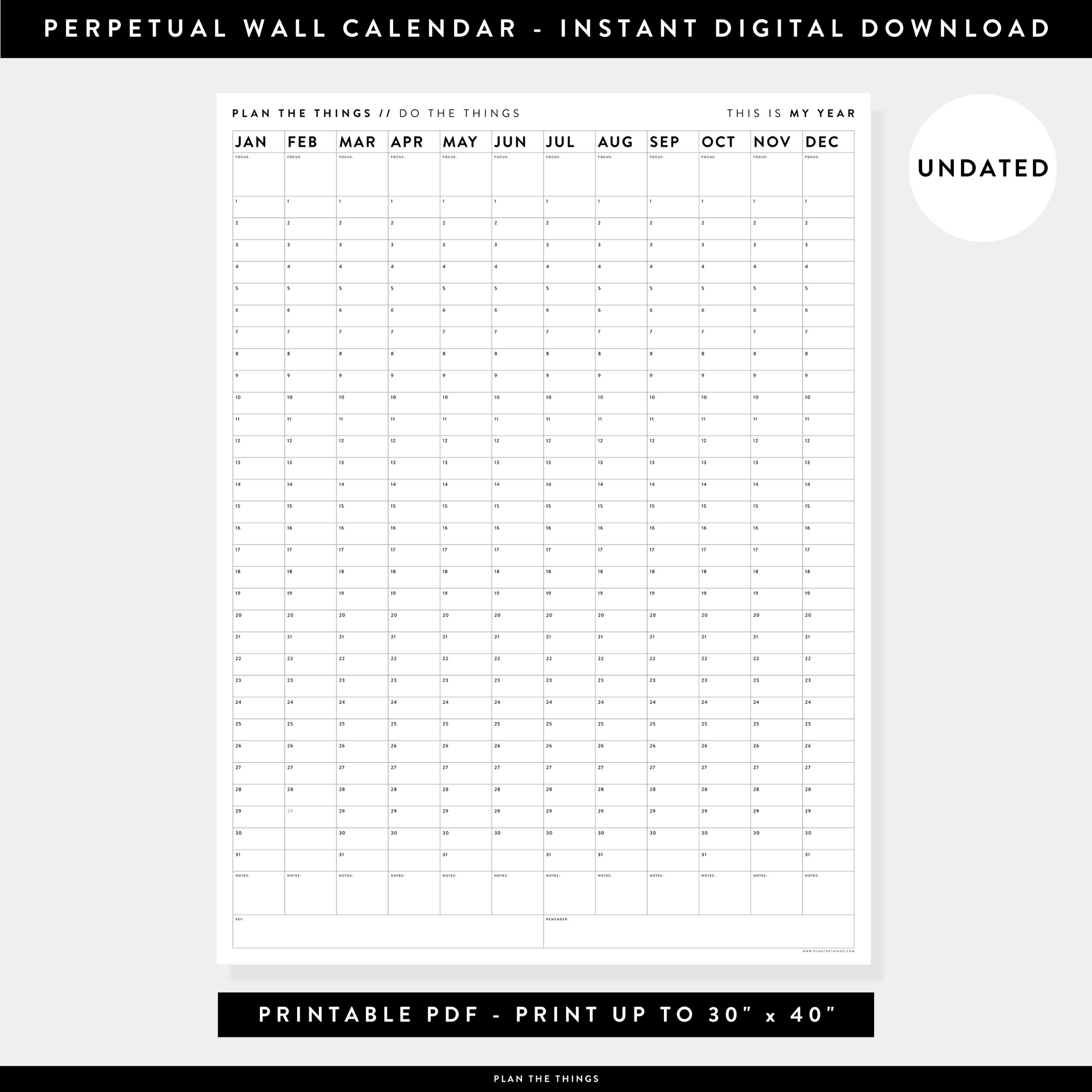 PRINTABLE PERPETUAL WALL CALENDAR / BIRTHDAY CALENDAR (VERTICAL / B + W) - INSTANT DOWNLOAD