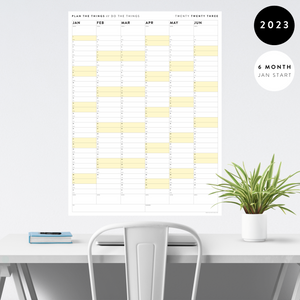 PRINTABLE SIX MONTH 2023 WALL CALENDAR (JANUARY TO JUNE) WITH YELLOW WEEKENDS - INSTANT DOWNLOAD