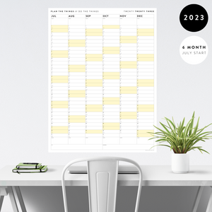 PRINTABLE SIX MONTH 2023 WALL CALENDAR (JULY TO DECEMBER) WITH YELLOW WEEKENDS - INSTANT DOWNLOAD