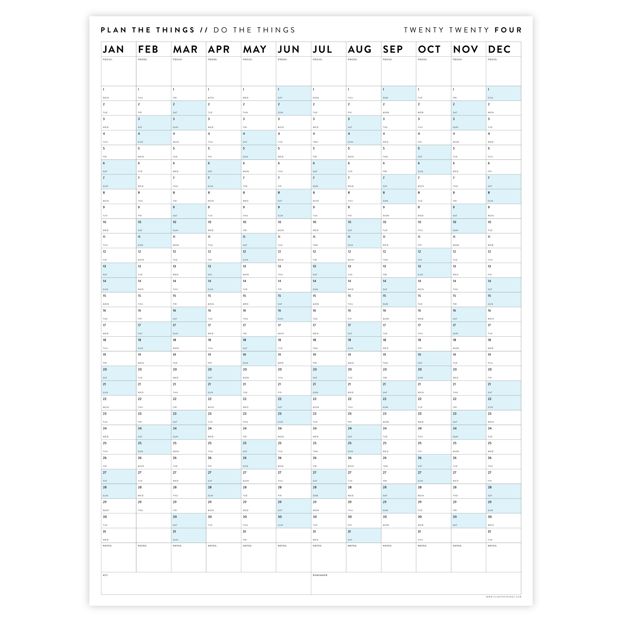 GIANT 2024 WALL CALENDAR | VERTICAL WITH BLUE WEEKENDS