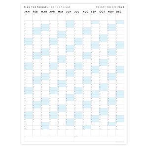 PRINTABLE VERTICAL 2024 WALL CALENDAR WITH BLUE WEEKENDS - INSTANT DOWNLOAD