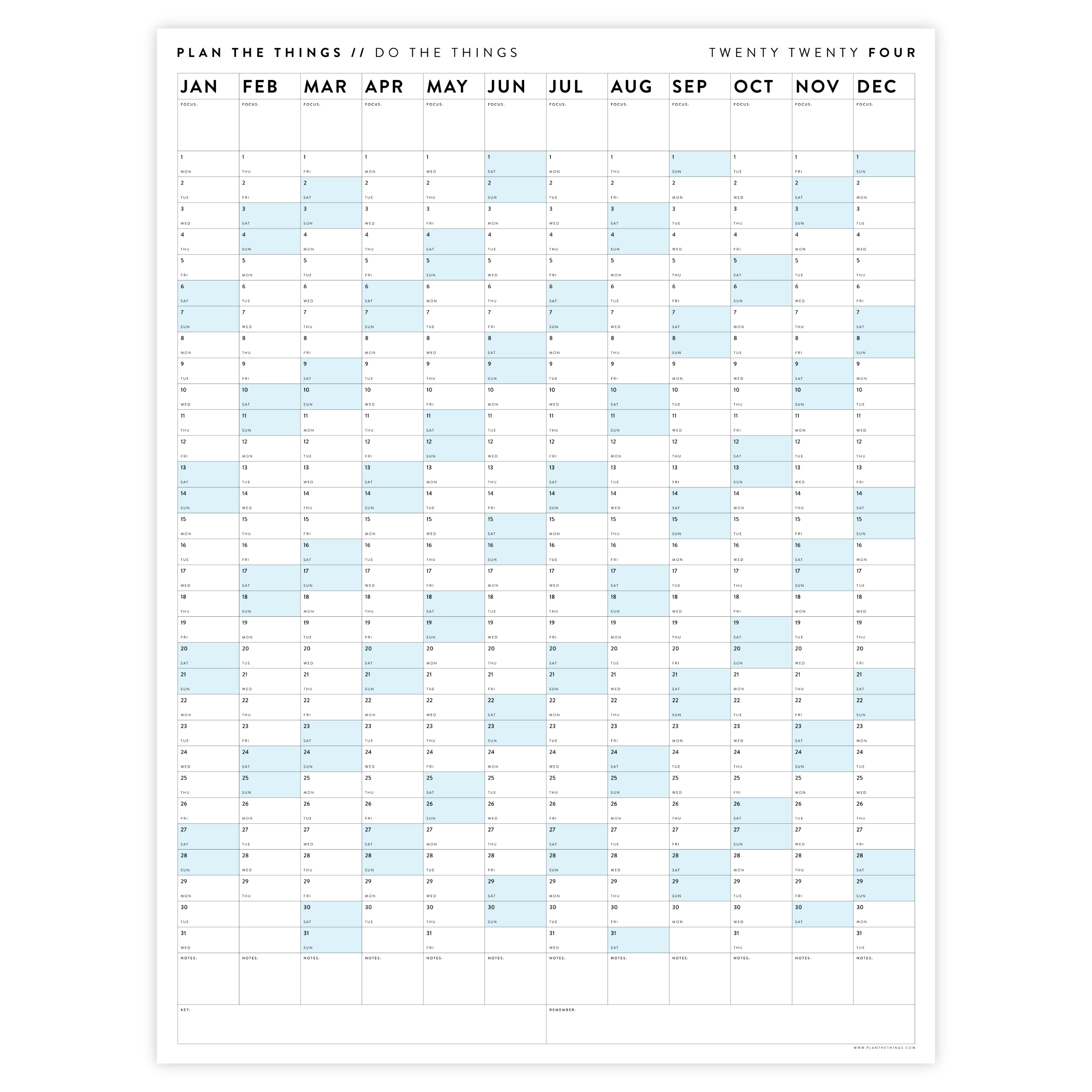 PRINTABLE VERTICAL 2024 WALL CALENDAR WITH BLUE WEEKENDS - INSTANT DOW