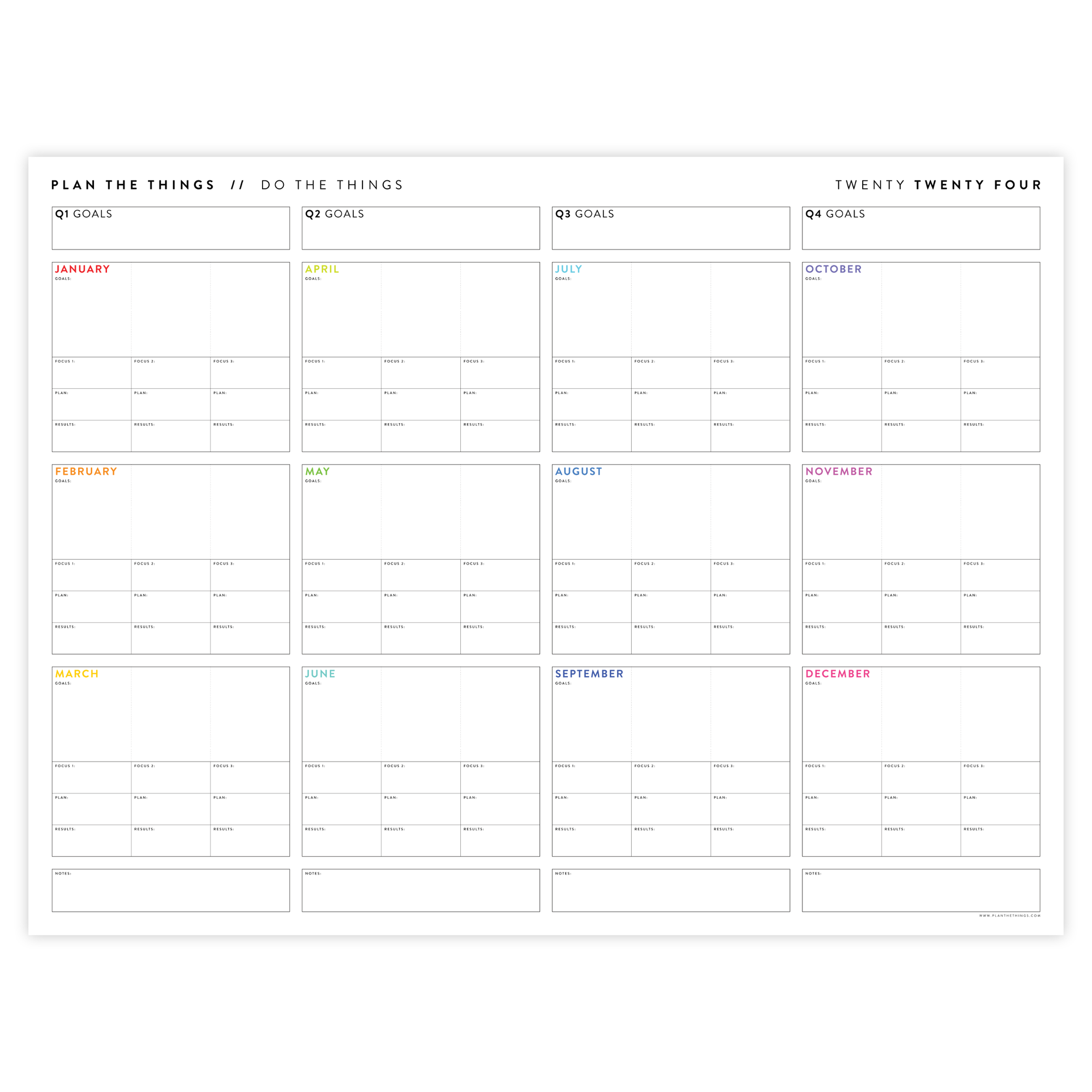 PRINTABLE 2024 FOCUS AND GOALS ANNUAL WALL PLANNER (RAINBOW TEXT) - INSTANT DOWNLOAD