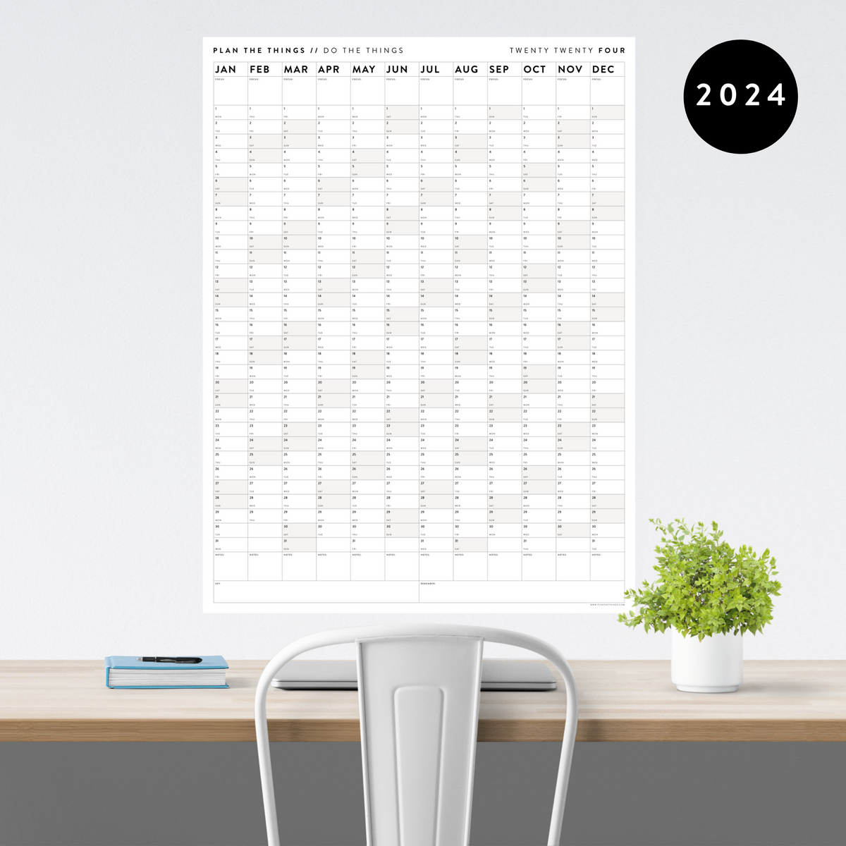 PRINTABLE VERTICAL 2024 WALL CALENDAR WITH GRAY WEEKENDS - INSTANT DOW - Plan The Things printable-vertical-2024-wall-calendar-with-gray-weekends-instant-dow-plan-the-things