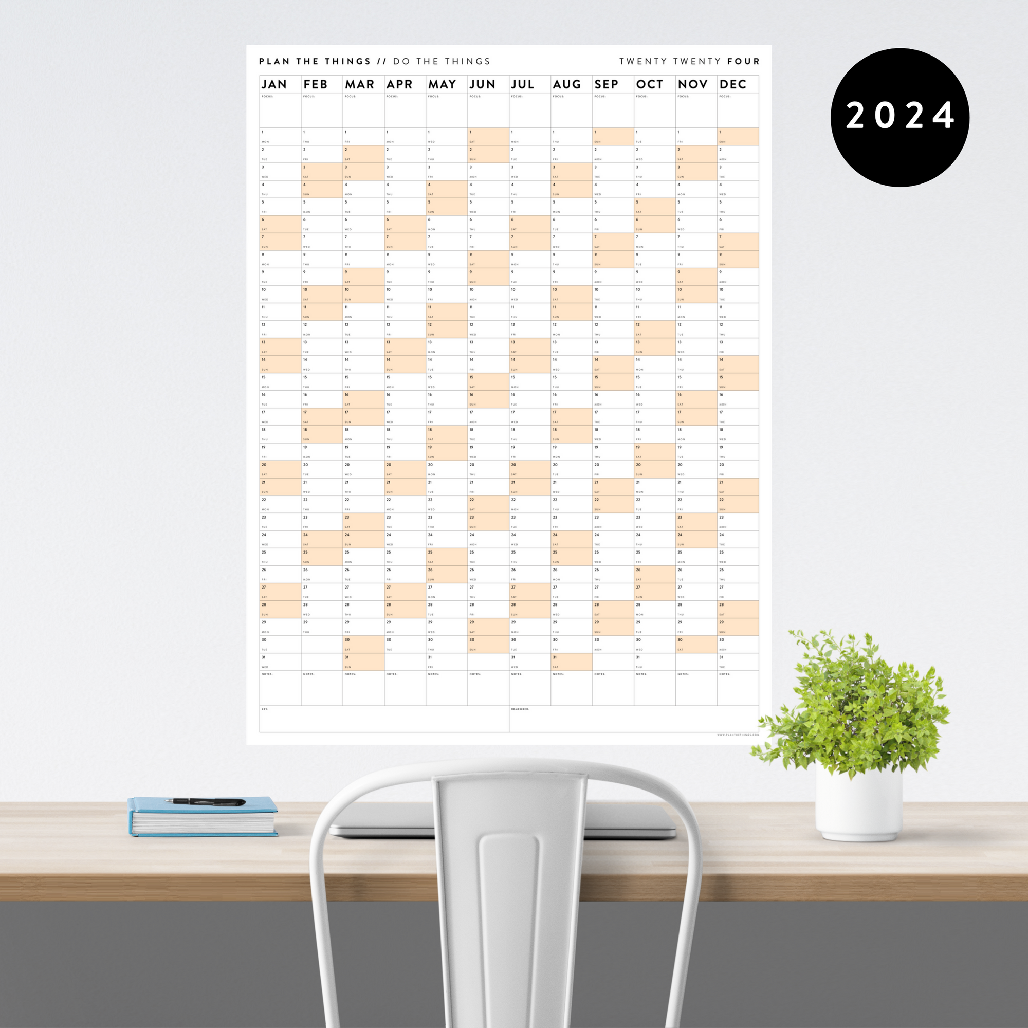 GIANT 2024 WALL CALENDAR | VERTICAL WITH ORANGE WEEKENDS