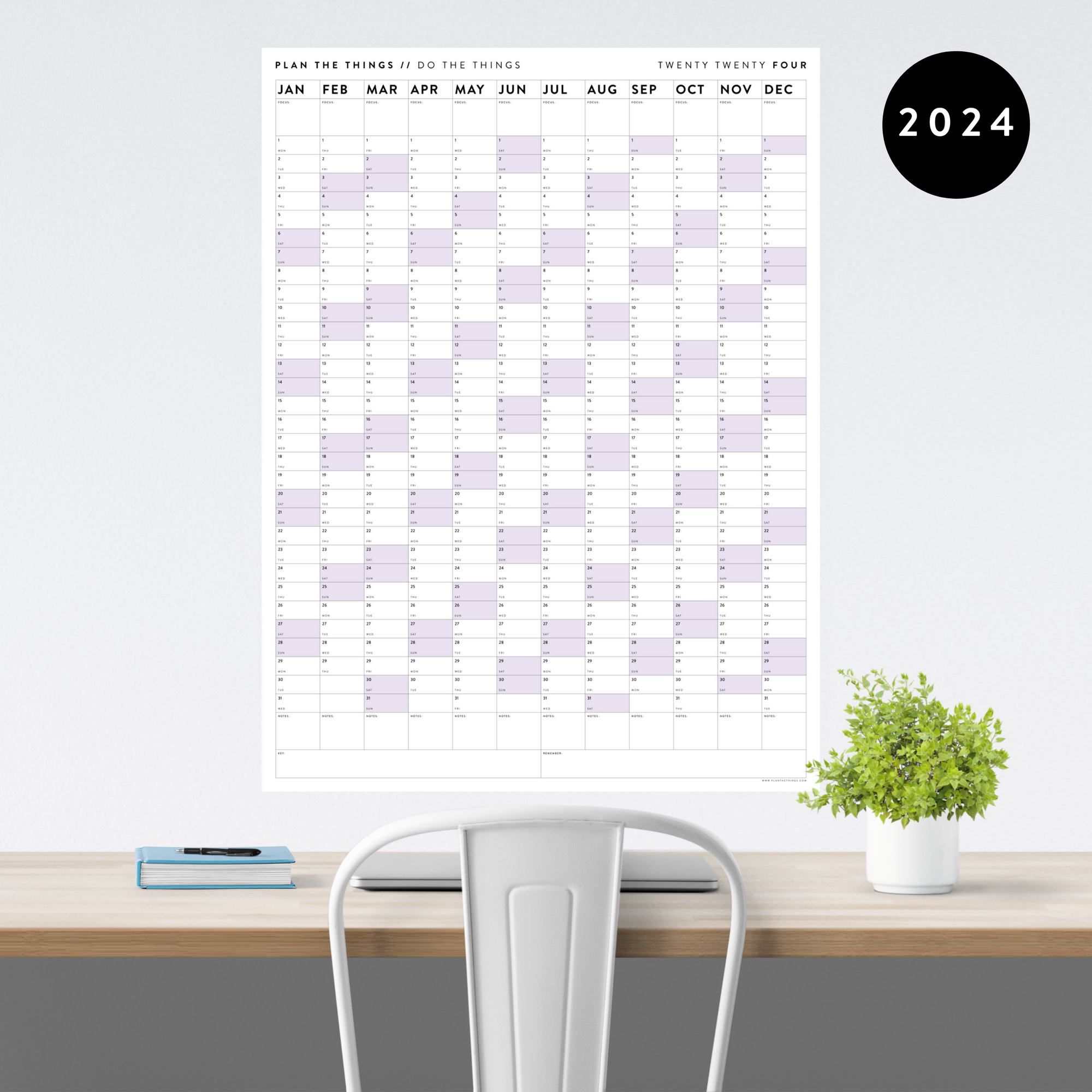 GIANT 2024 WALL CALENDAR | VERTICAL WITH PURPLE WEEKENDS