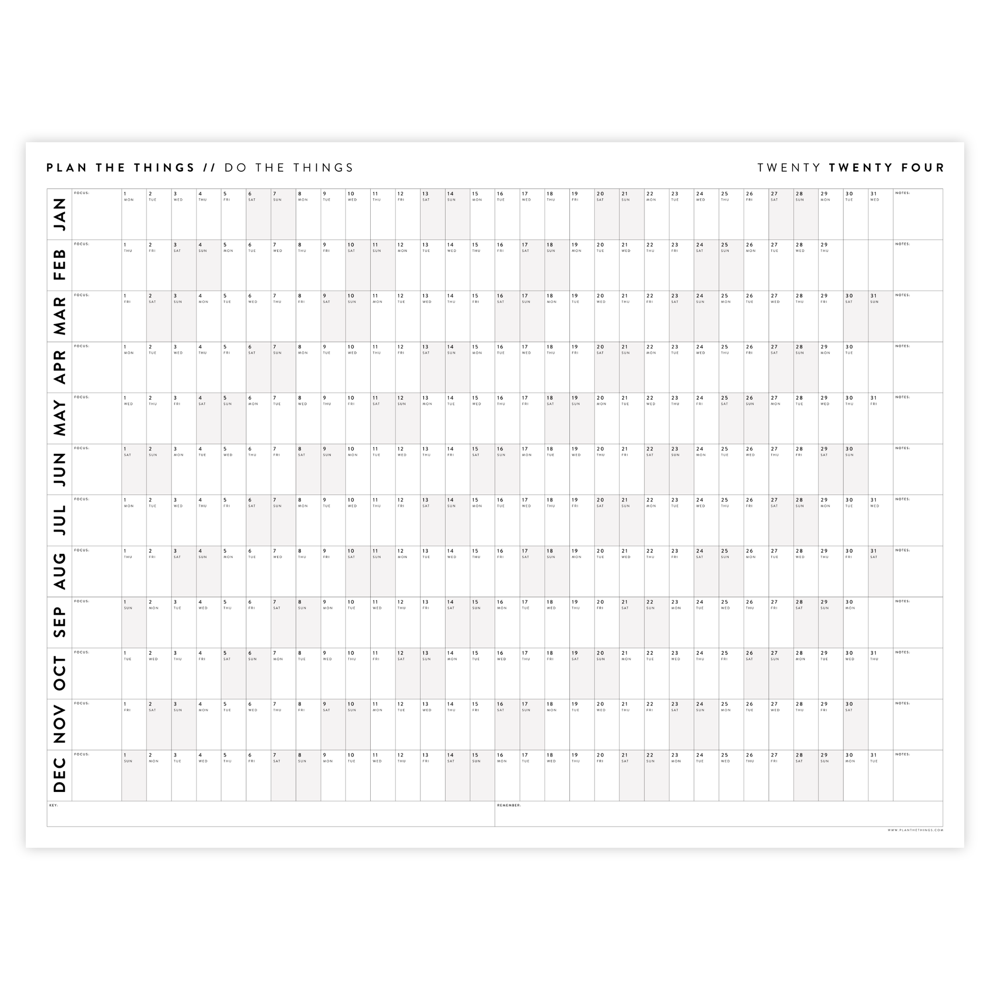 PRINTABLE HORIZONTAL 2024 WALL CALENDAR WITH GRAY WEEKENDS - INSTANT DOWNLOAD