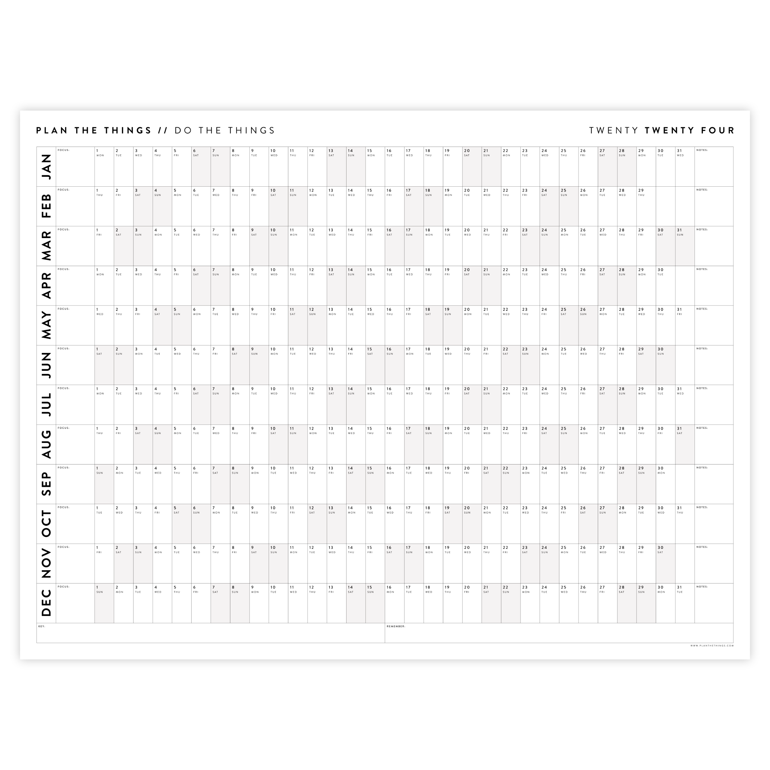 PRINTABLE HORIZONTAL 2024 WALL CALENDAR WITH GRAY WEEKENDS INSTANT D