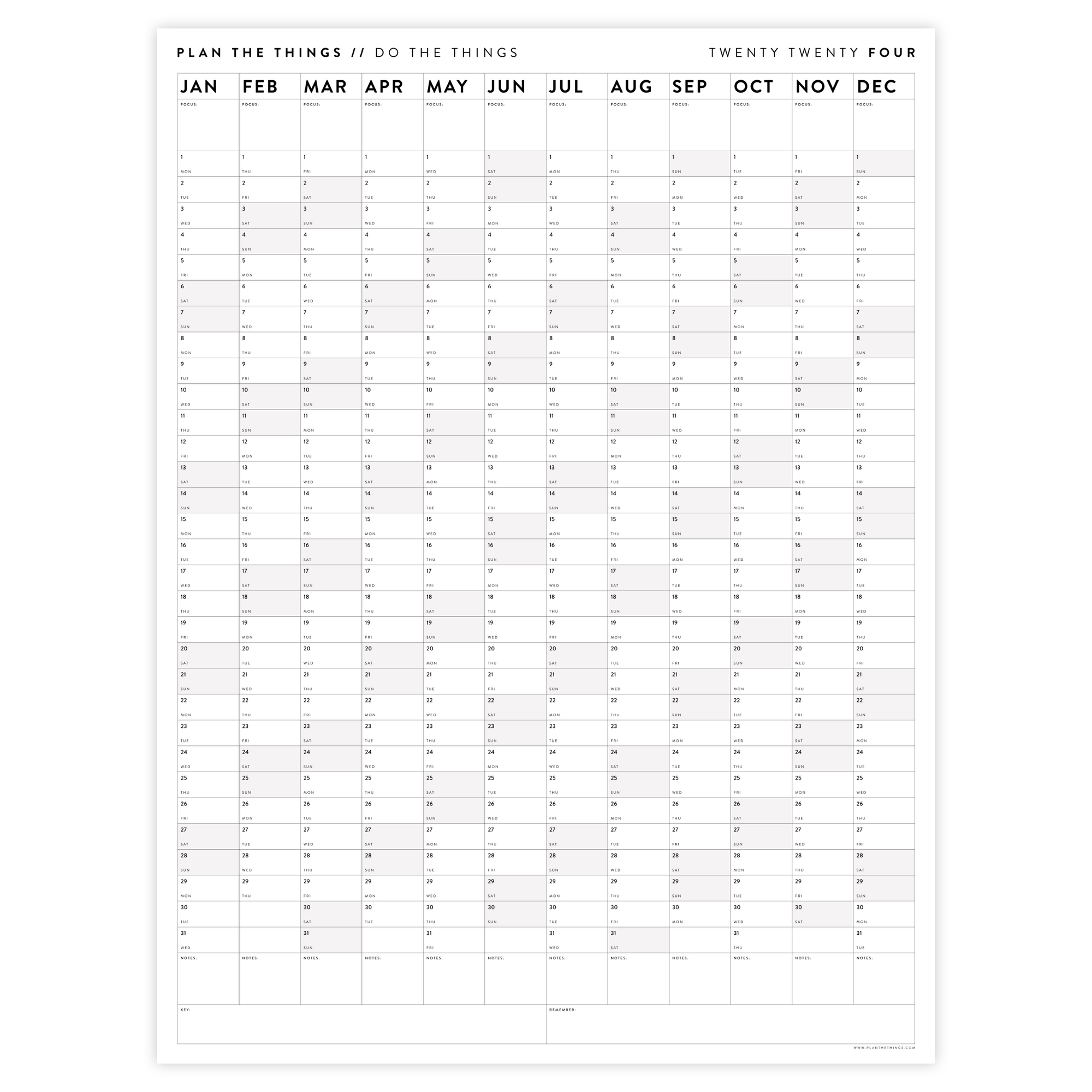 PRINTABLE VERTICAL 2024 WALL CALENDAR WITH GRAY WEEKENDS - INSTANT DOWNLOAD