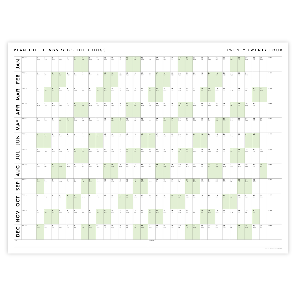 PRINTABLE HORIZONTAL 2024 WALL CALENDAR WITH GREEN WEEKENDS INSTANT