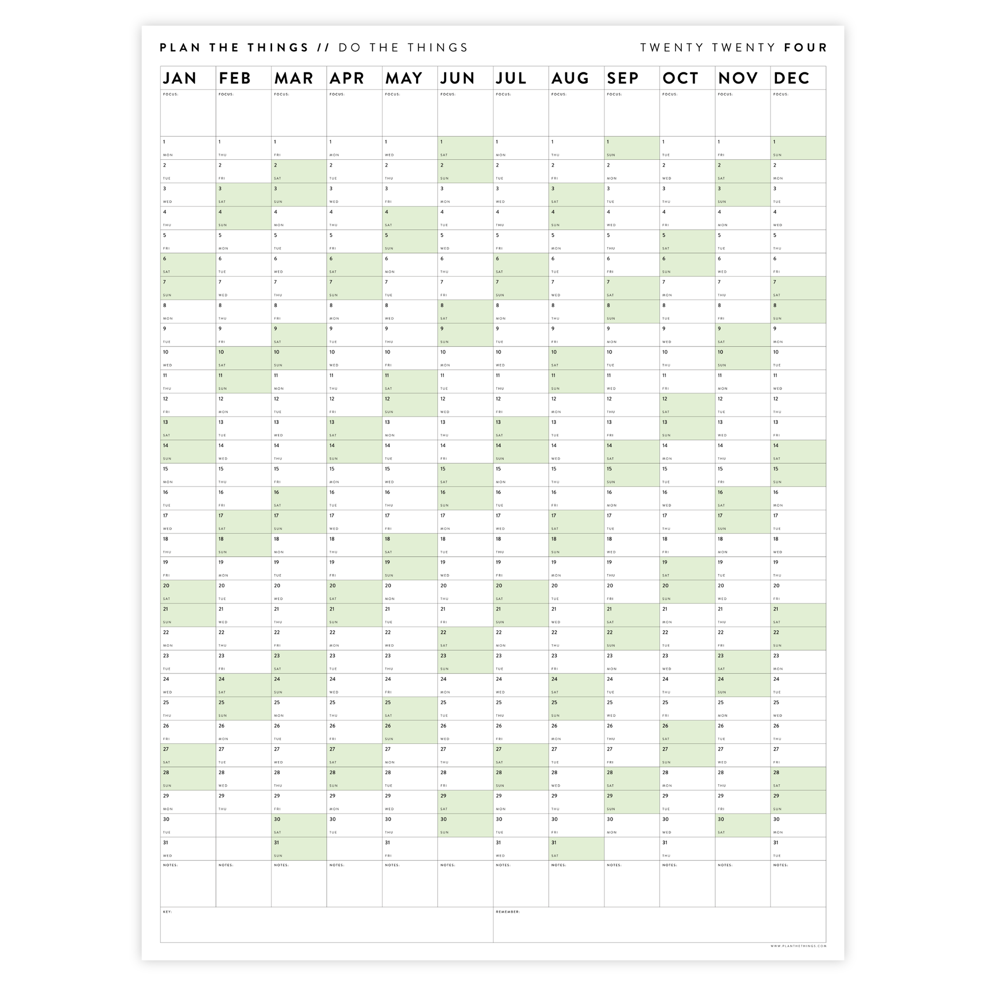 GIANT 2024 WALL CALENDAR | VERTICAL WITH GREEN WEEKENDS