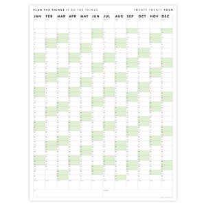 PRINTABLE VERTICAL 2024 WALL CALENDAR WITH GREEN WEEKENDS - INSTANT DOWNLOAD