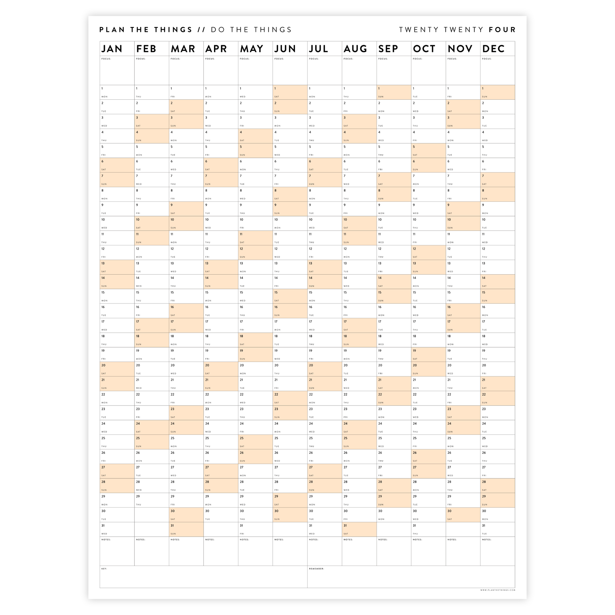 GIANT 2024 WALL CALENDAR | VERTICAL WITH ORANGE WEEKENDS
