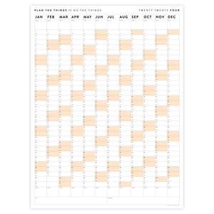 PRINTABLE VERTICAL 2024 WALL CALENDAR WITH ORANGE WEEKENDS - INSTANT DOWNLOAD