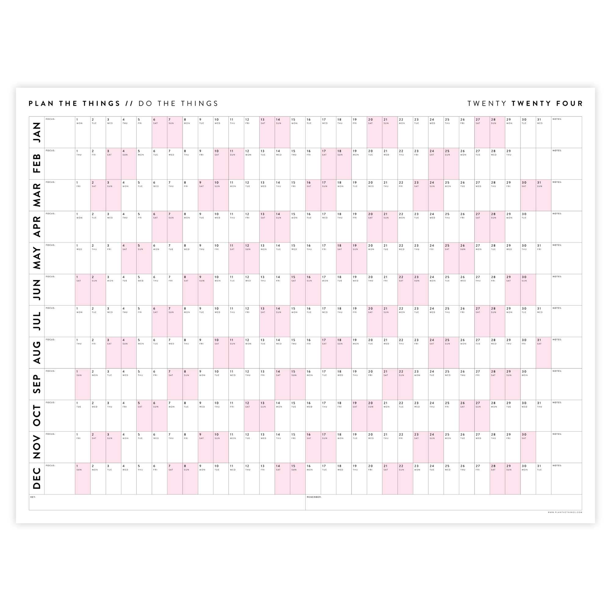 PRINTABLE HORIZONTAL 2024 WALL CALENDAR WITH PINK WEEKENDS - INSTANT DOWNLOAD