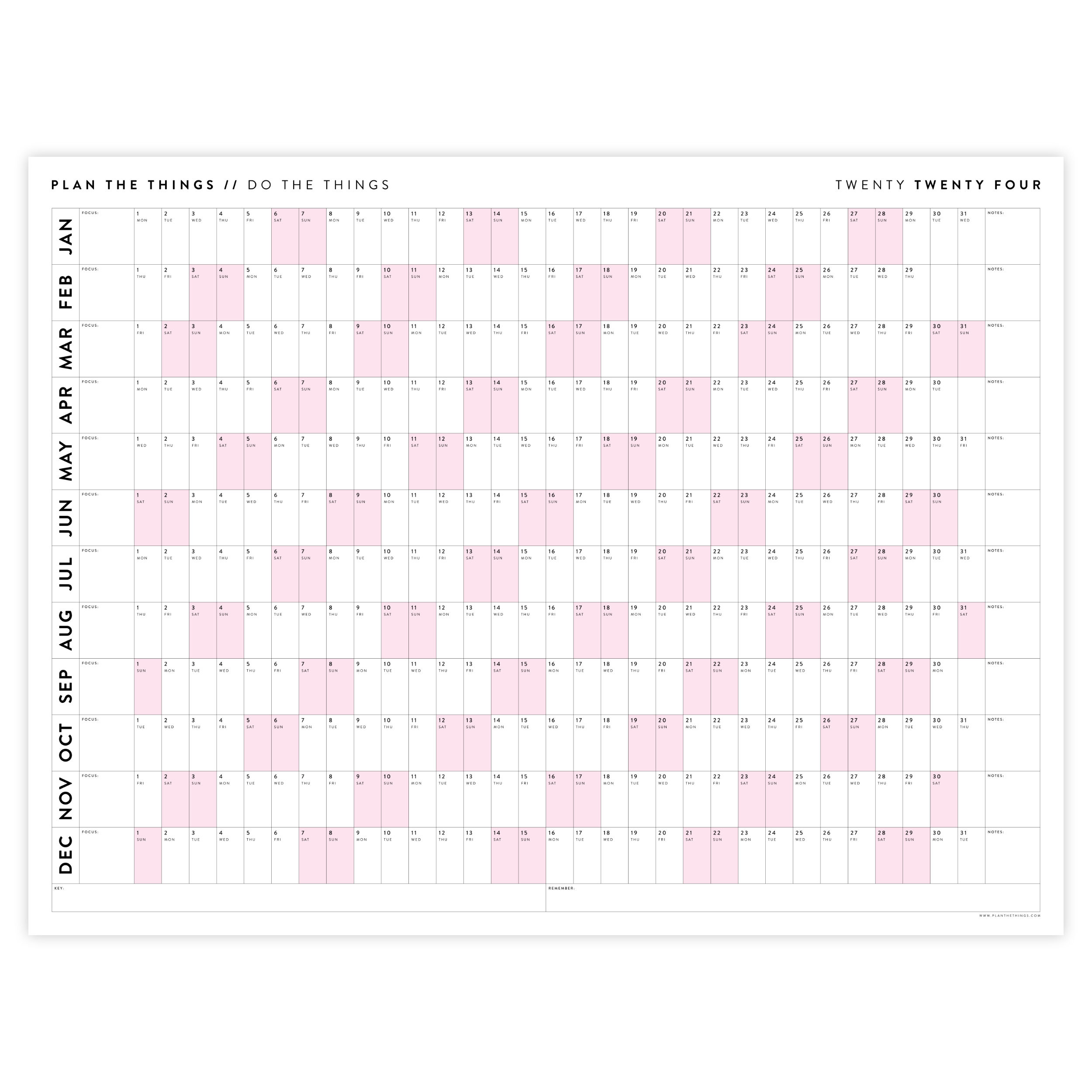 PRINTABLE HORIZONTAL 2024 WALL CALENDAR WITH PINK WEEKENDS - INSTANT D