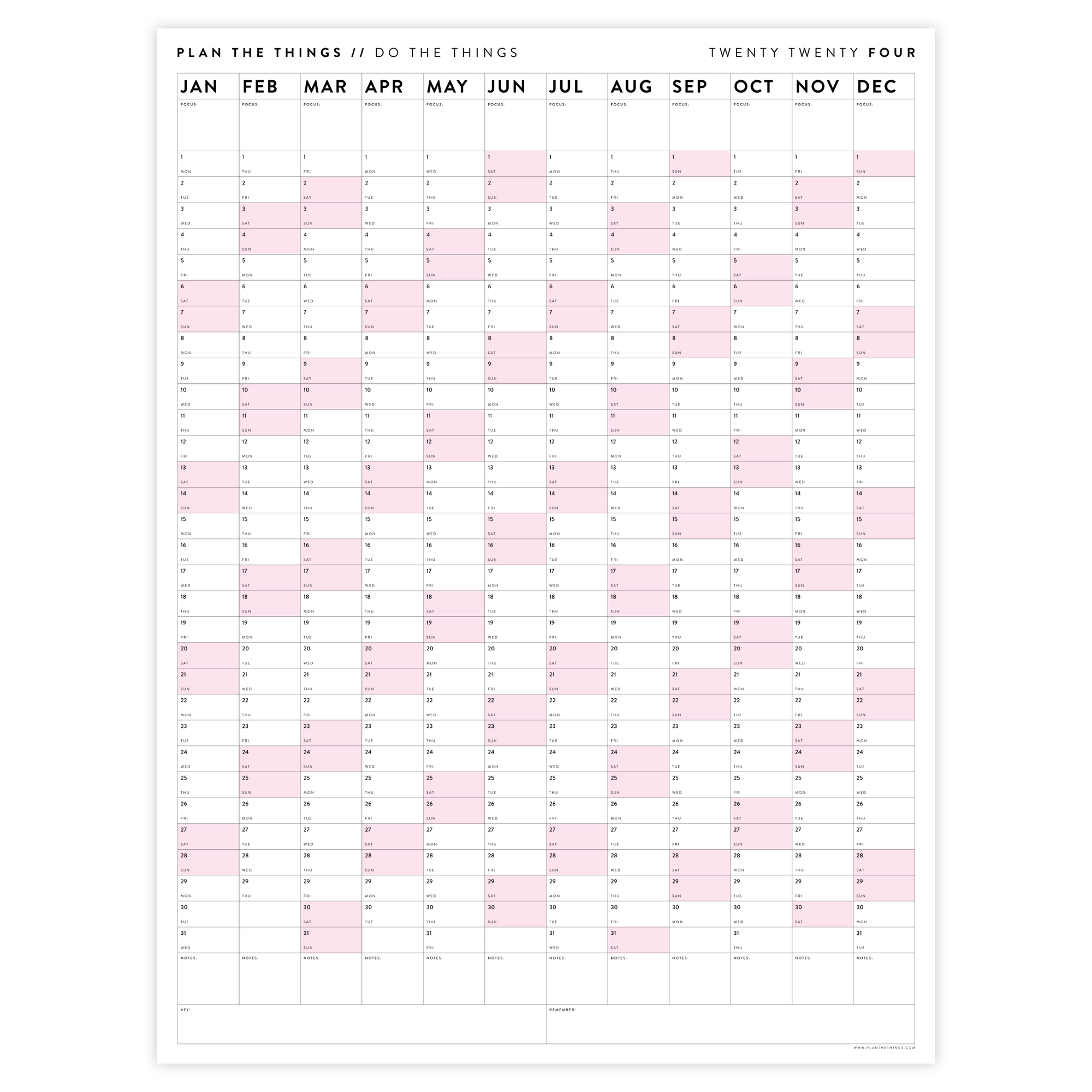 GIANT 2024 WALL CALENDAR | VERTICAL WITH PINK WEEKENDS