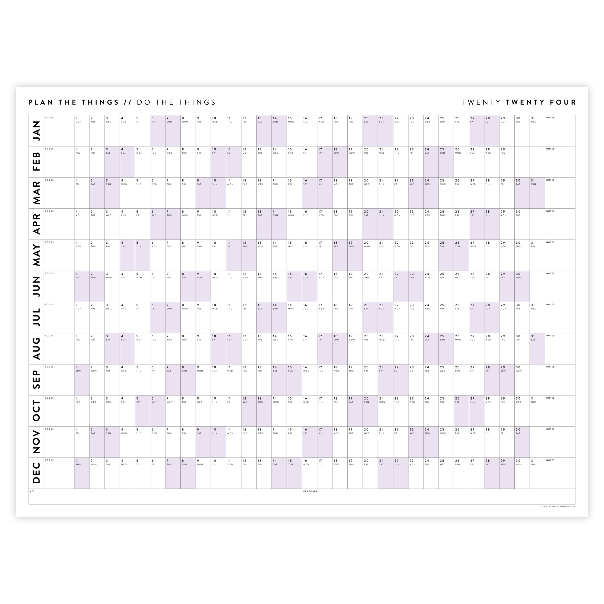 PRINTABLE HORIZONTAL 2024 WALL CALENDAR WITH PURPLE WEEKENDS - INSTANT DOWNLOAD