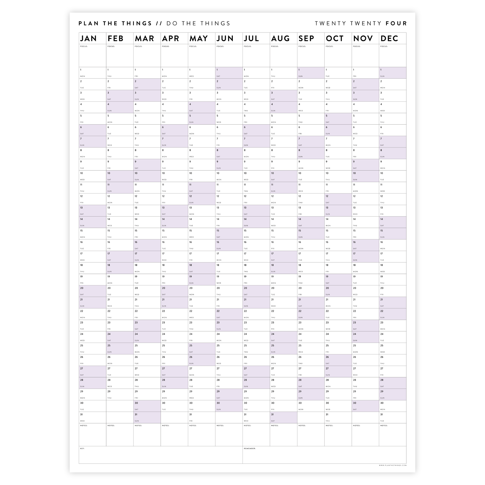 PRINTABLE VERTICAL 2024 WALL CALENDAR WITH PURPLE WEEKENDS - INSTANT DOWNLOAD