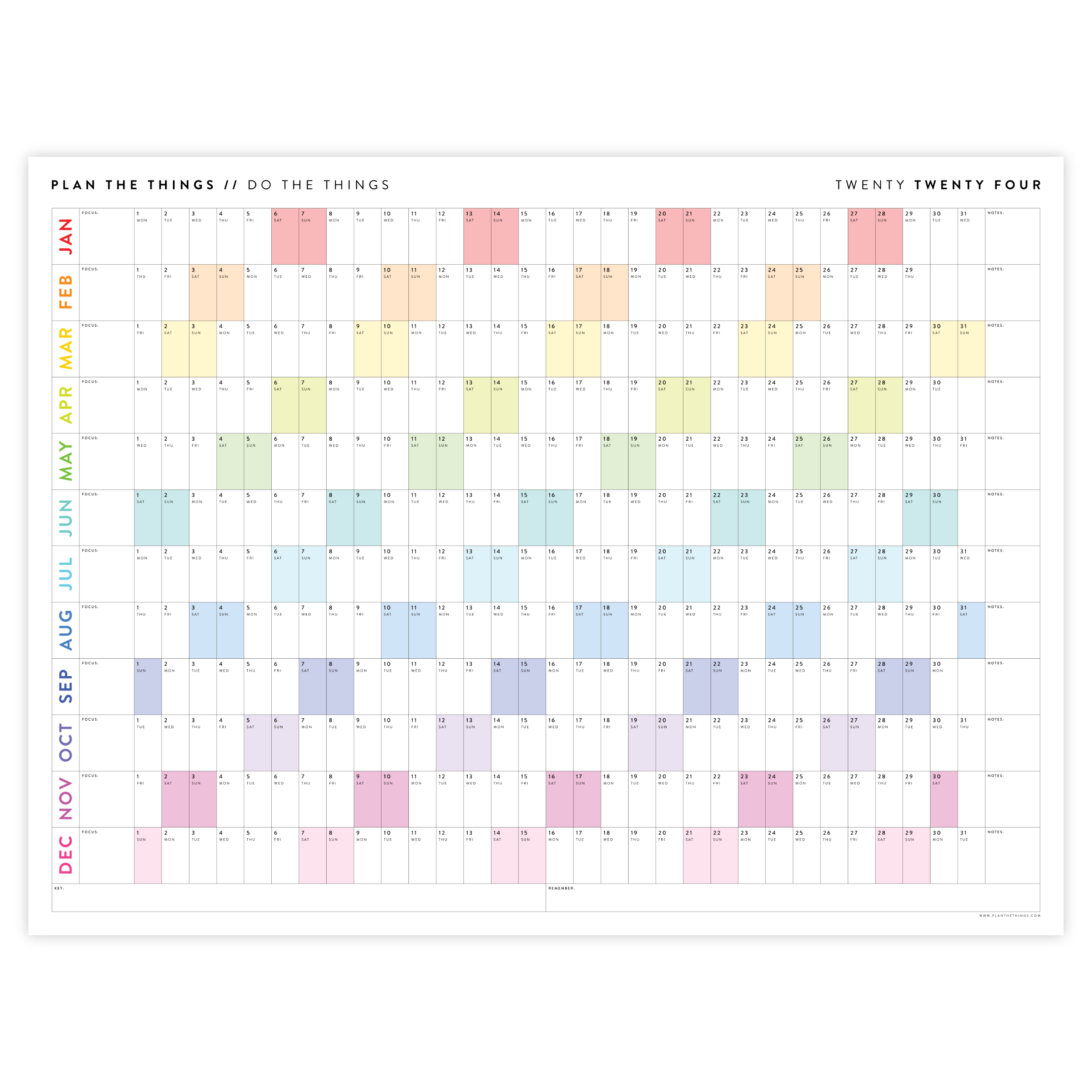 GIANT 2024 WALL CALENDAR | HORIZONTAL WITH RAINBOW WEEKENDS - Plan The  Things
