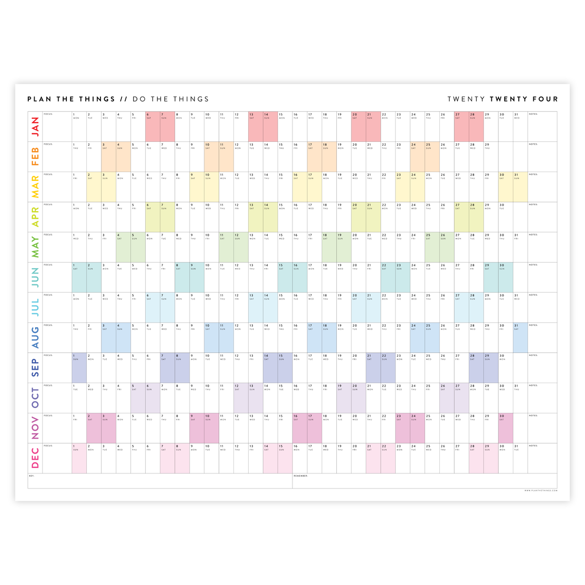 PRINTABLE HORIZONTAL 2024 WALL CALENDAR WITH RAINBOW WEEKENDS - INSTAN - Plan The Things printable-horizontal-2024-wall-calendar-with-rainbow-weekends-instan-plan-the-things