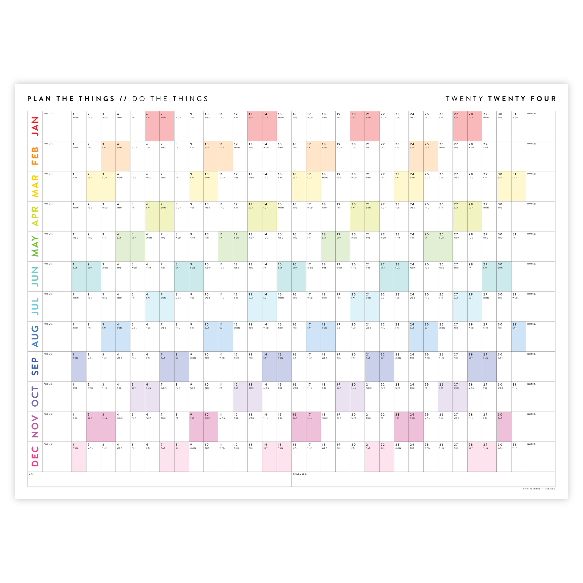 PRINTABLE HORIZONTAL 2024 WALL CALENDAR WITH RAINBOW WEEKENDS - INSTANT DOWNLOAD