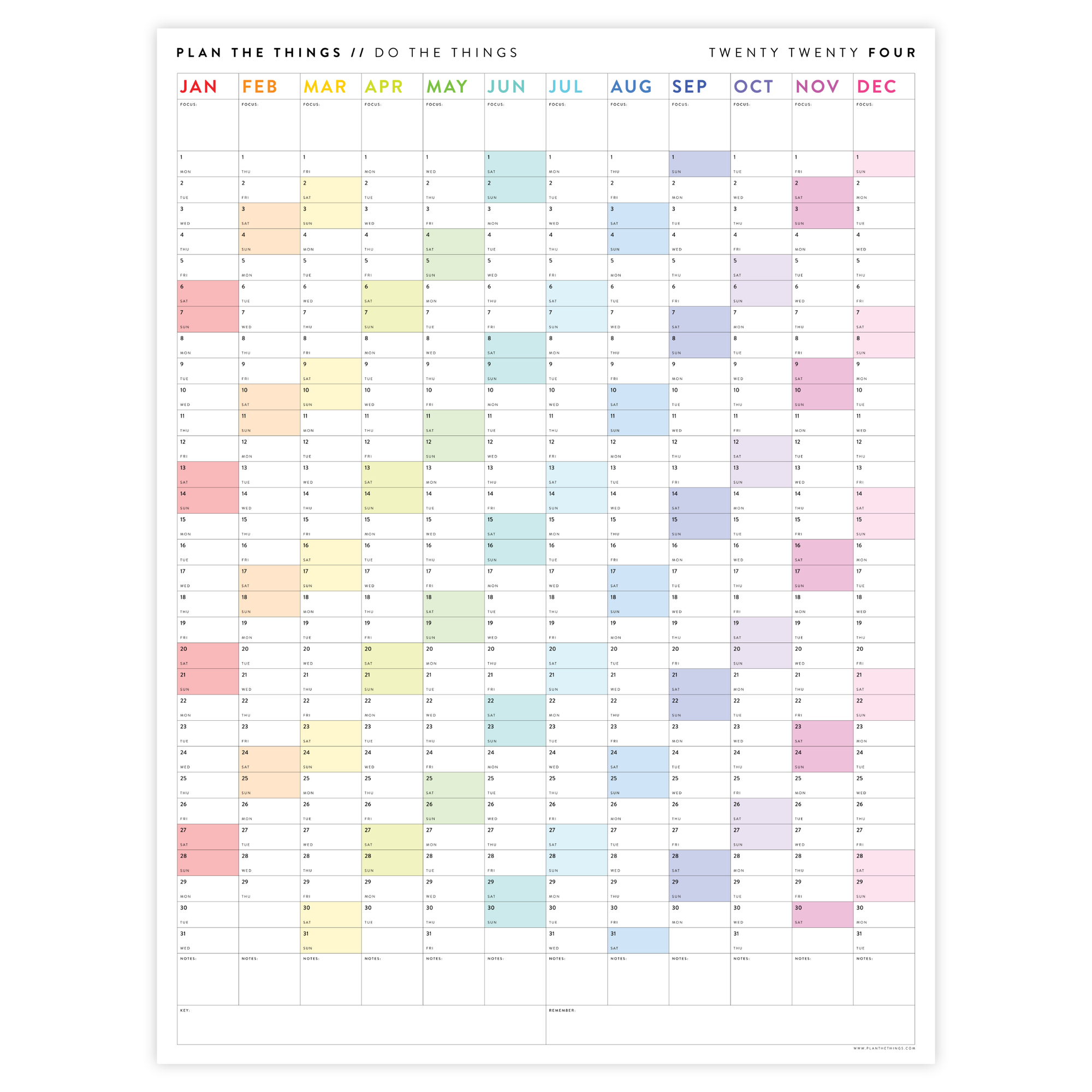 PRINTABLE VERTICAL 2024 WALL CALENDAR WITH RAINBOW WEEKENDS - INSTANT DOWNLOAD