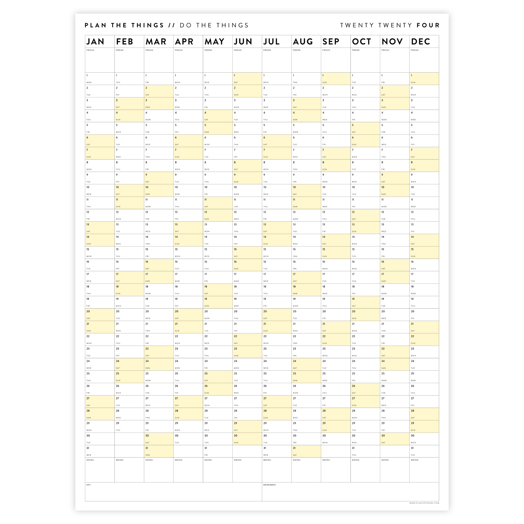 GIANT 2024 WALL CALENDAR | VERTICAL WITH YELLOW WEEKENDS