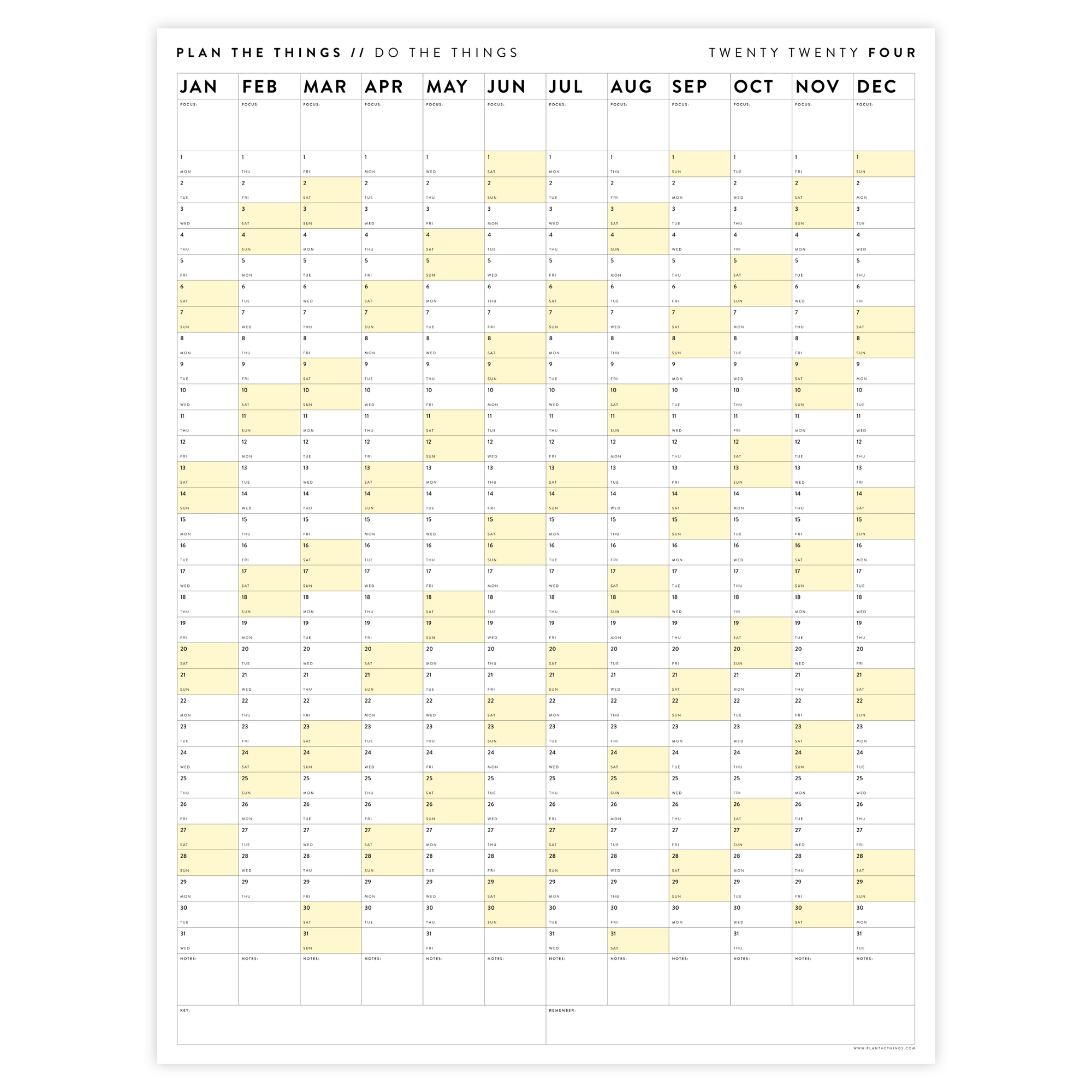 PRINTABLE VERTICAL 2024 WALL CALENDAR WITH YELLOW WEEKENDS - INSTANT DOWNLOAD