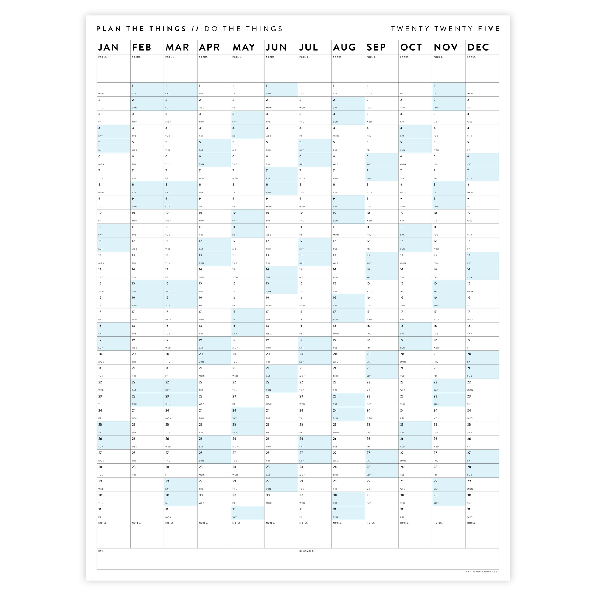 PRINTABLE VERTICAL 2025 WALL CALENDAR WITH BLUE WEEKENDS - INSTANT DOWNLOAD
