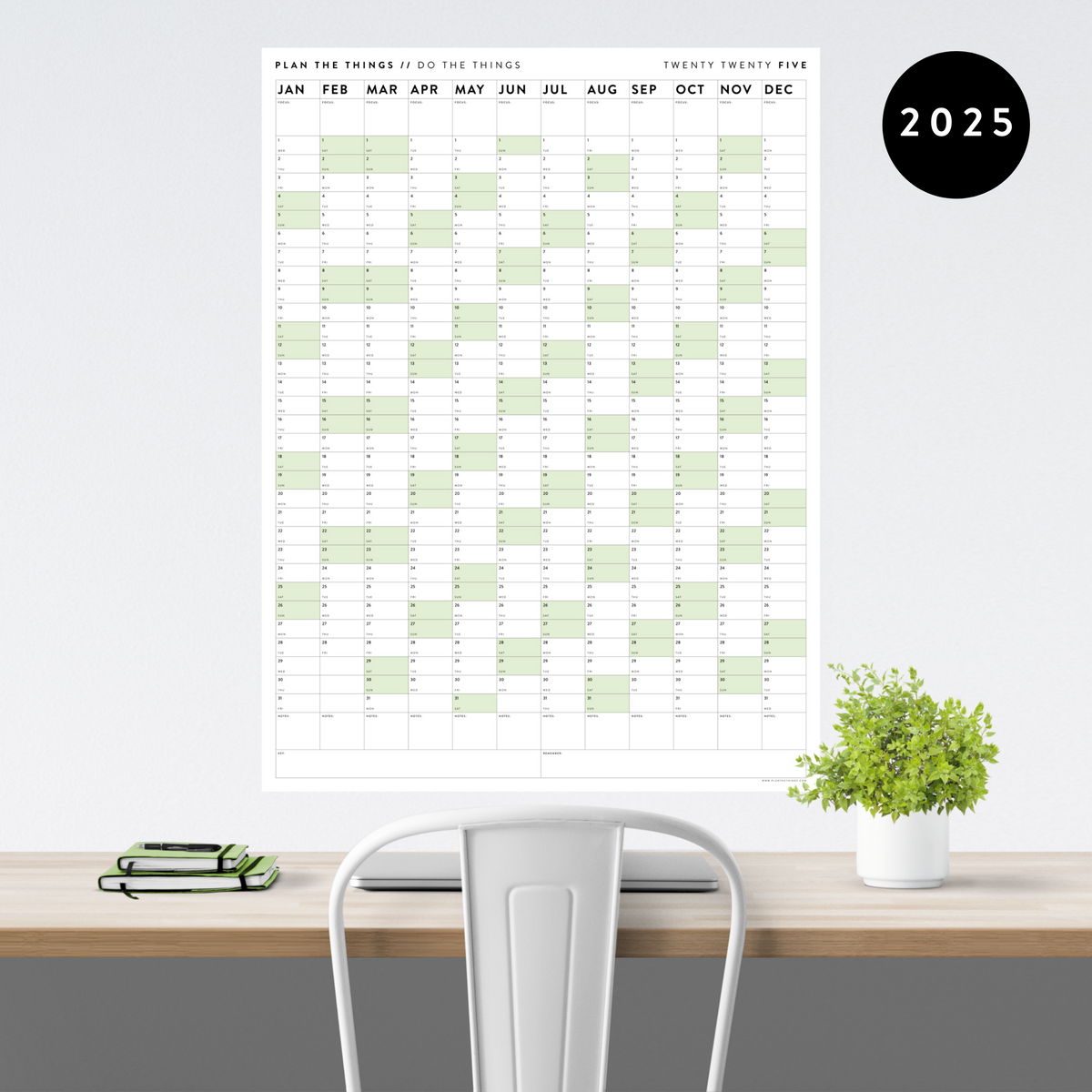 GIANT 2025 ANNUAL WALL CALENDAR | VERTICAL WITH GREEN WEEKENDS - Plan The Things giant-2025-annual-wall-calendar-vertical-with-green-weekends-plan-the-things