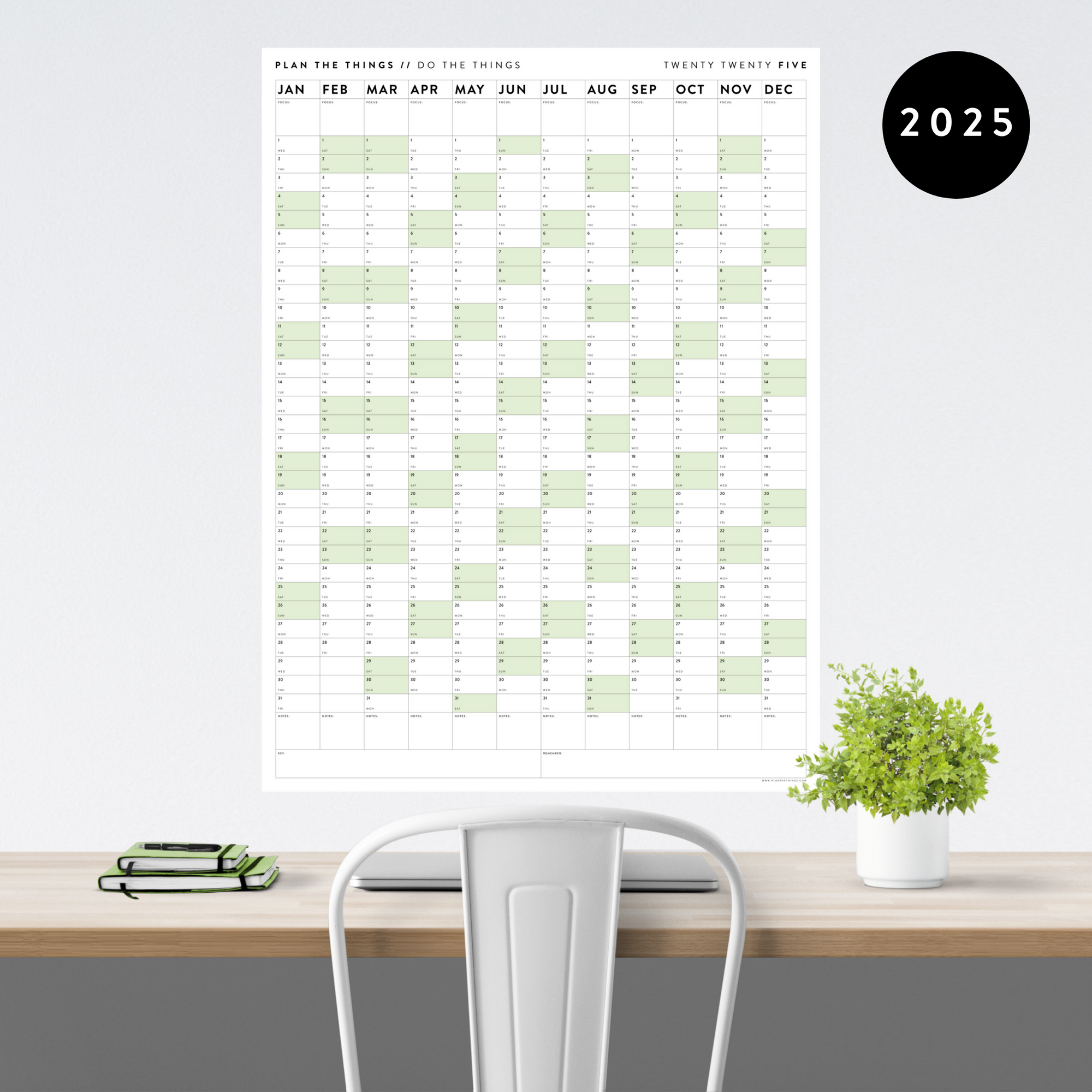 GIANT 2025 ANNUAL WALL CALENDAR | VERTICAL WITH GREEN WEEKENDS