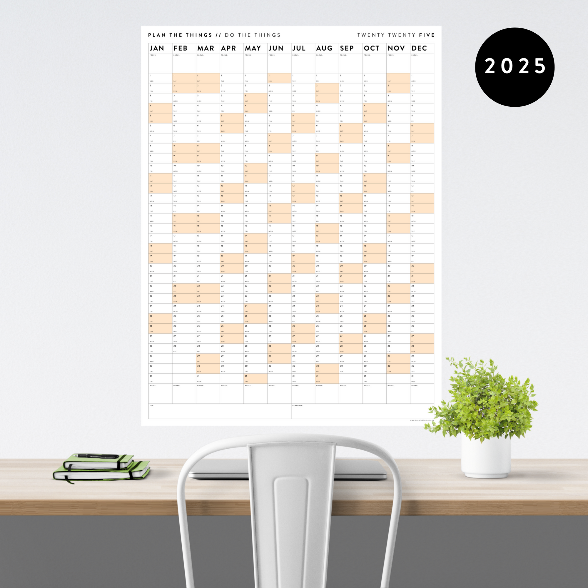 GIANT 2025 ANNUAL WALL CALENDAR | VERTICAL WITH ORANGE WEEKENDS
