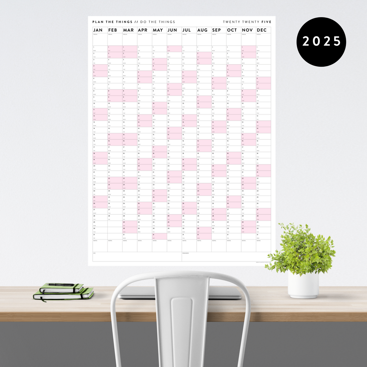 GIANT 2025 ANNUAL WALL CALENDAR | VERTICAL WITH PINK WEEKENDS