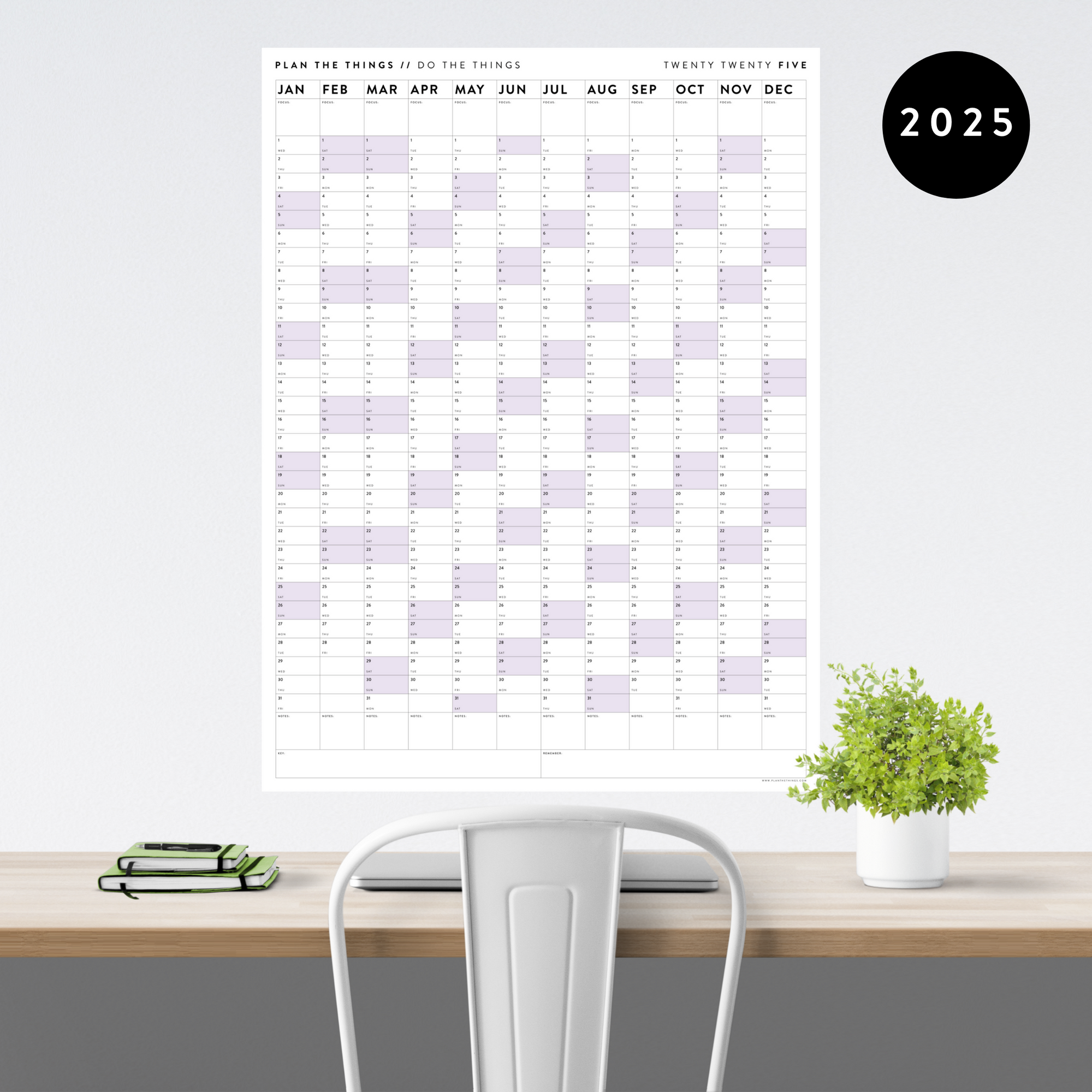 GIANT 2025 ANNUAL WALL CALENDAR | VERTICAL WITH PURPLE WEEKENDS