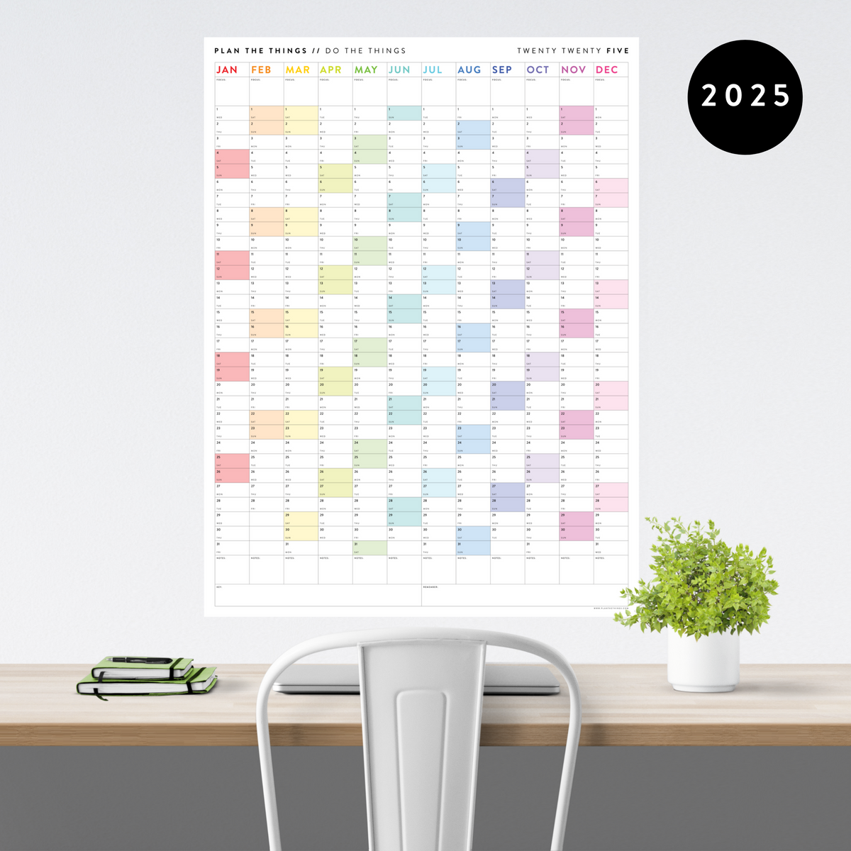 GIANT 2025 ANNUAL WALL CALENDAR VERTICAL WITH RAINBOW WEEKENDS Plan