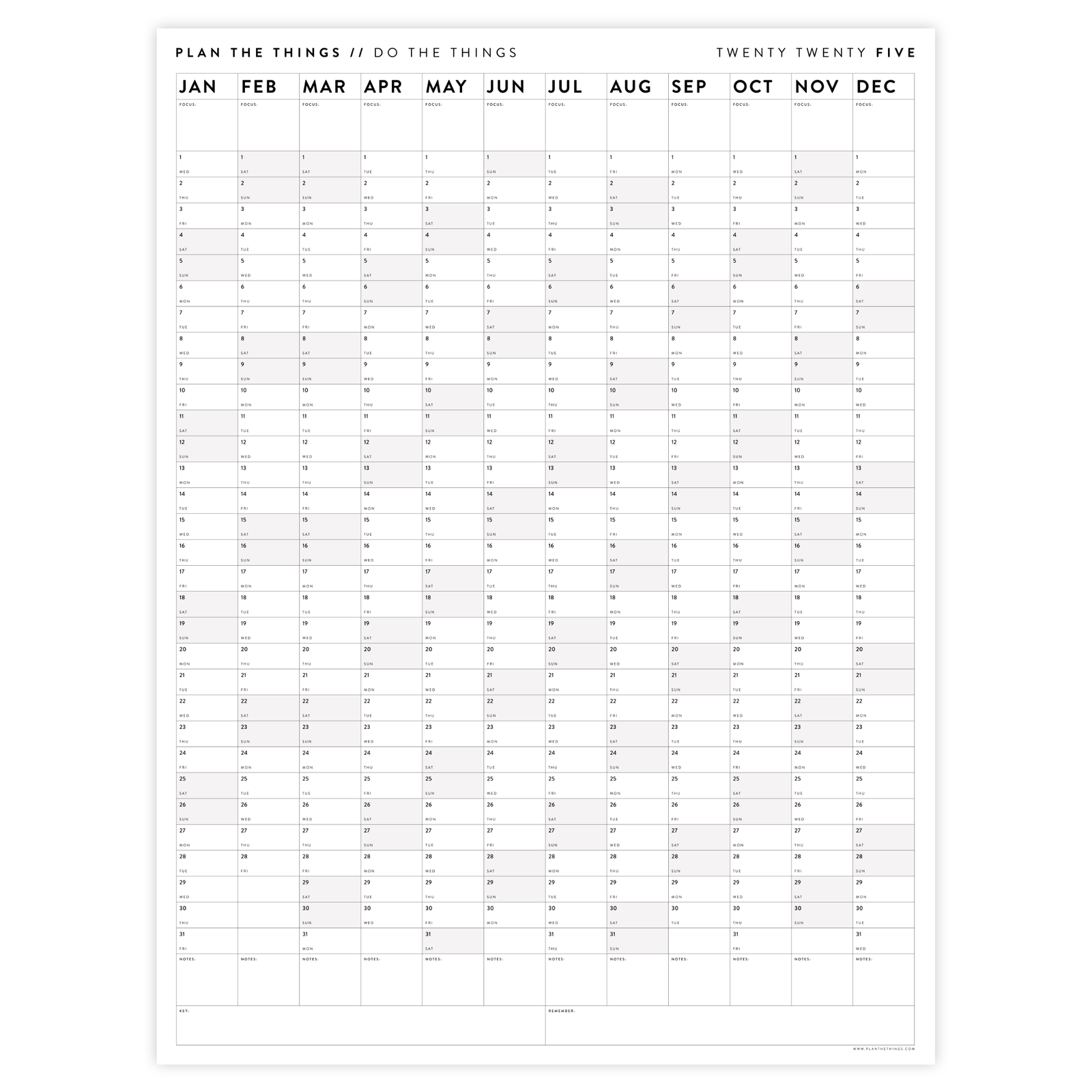 GIANT 2025 ANNUAL WALL CALENDAR | VERTICAL WITH GRAY / GREY WEEKENDS